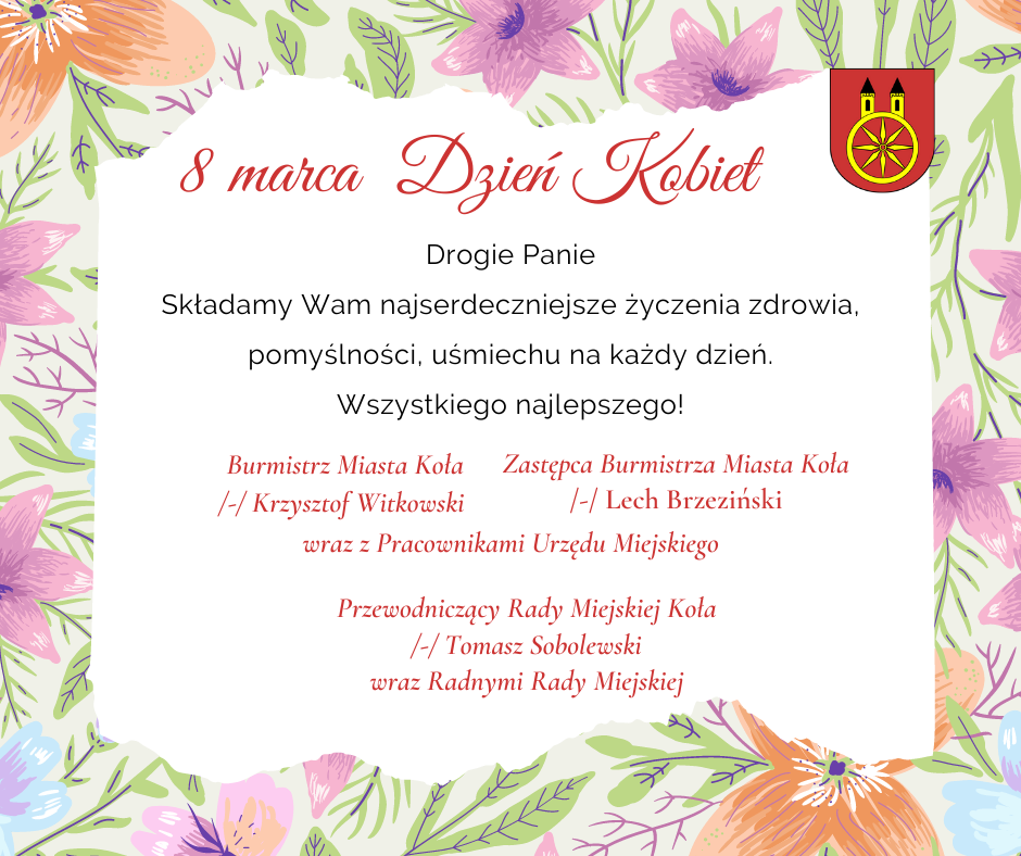 Grafika przedstawia treść życzeń władz miasta na Dzień Kobiet.