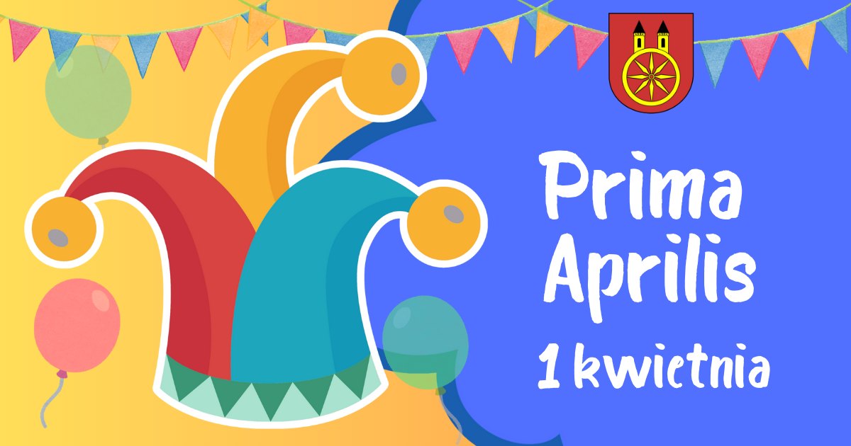 Grafika promująca prima aprilis. Kolorowa grafika przedstawia kolorową czapkę z pomponami, a na sznurkach wiszą trójkątne, barwne ozdoby, tworząc wesoły i dekoracyjny klimat.