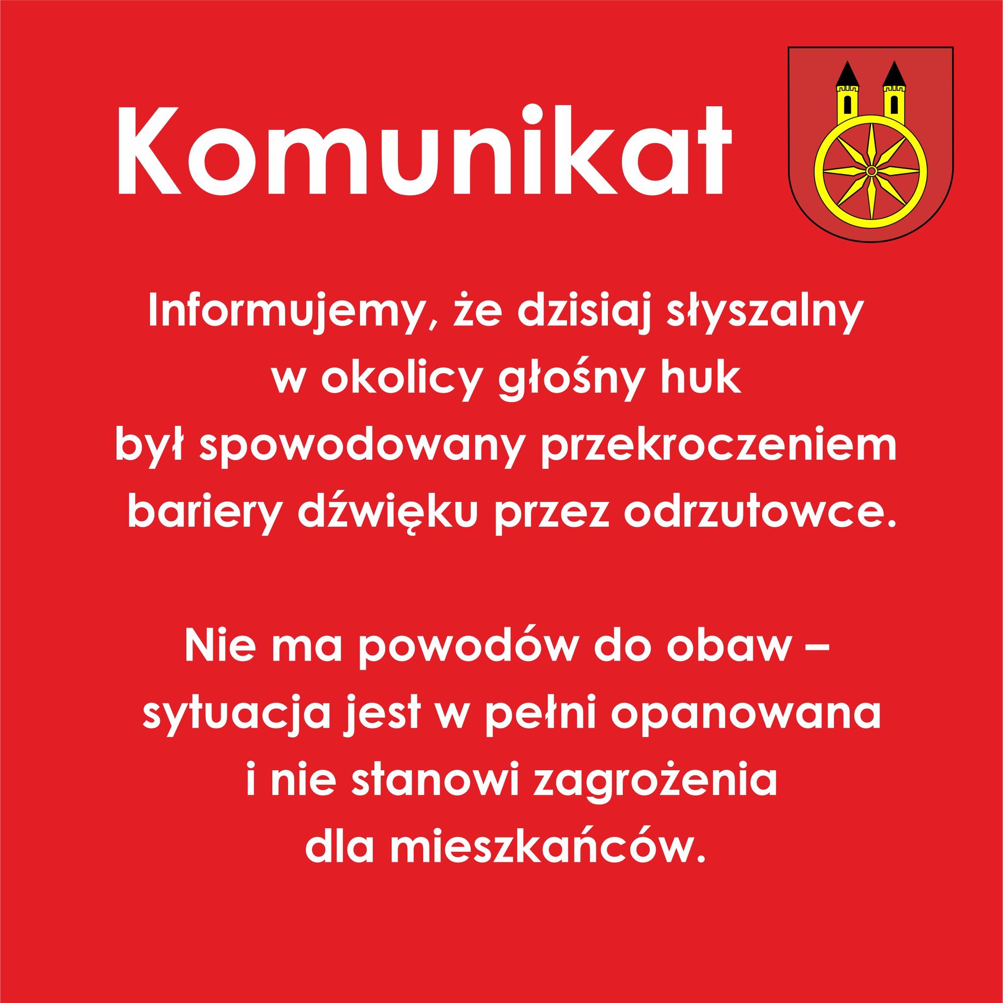 Grafika przedstawia treść komunikatu skierowanego do mieszkańców miasta Koła. Tekst jest koloru białego na czerwonym tle. W prawym górnym rogu widać herb miasta Koła.