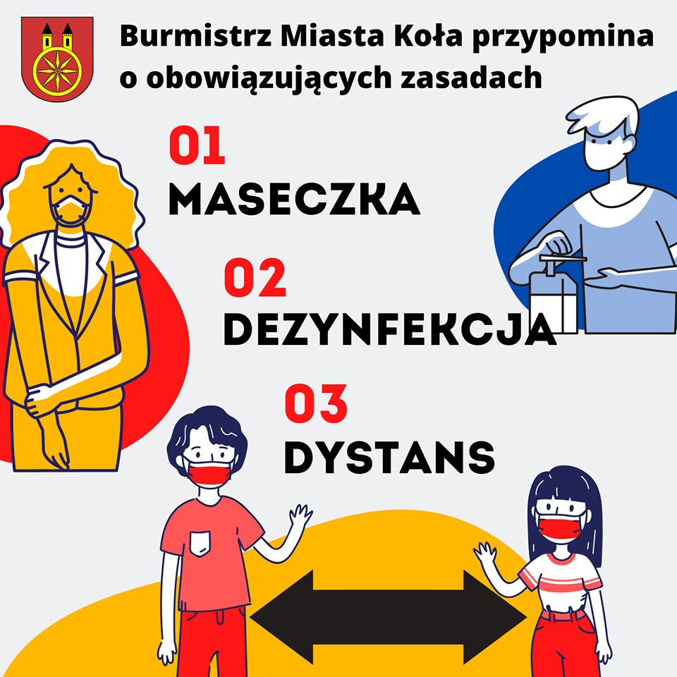 Grafika przedstawia zasday postępowania w czasie pandemii: dystans, maseczka, dezynfekcja.