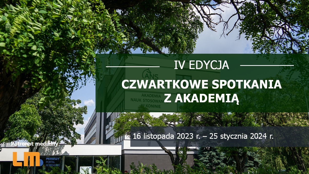 Grafika przedstawia gmach uczelni Akademii Nauk  w Koninie z napisem Czwartkowe spotkania z uczelnią