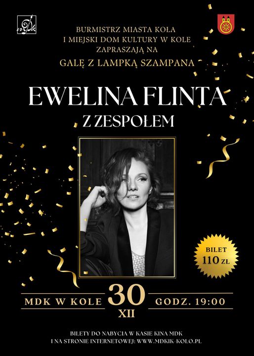 Plakat promujący wydarzenie artystyczne zatytułowane GALA Z LAMPKĄ SZAMPANA, które odbędzie się 30 grudnia 2024 r. w Miejskim Domu Kultury w Kole. W centrum plakatu zdjęcie artystki, u góry logotypy organizatorów koncertu.