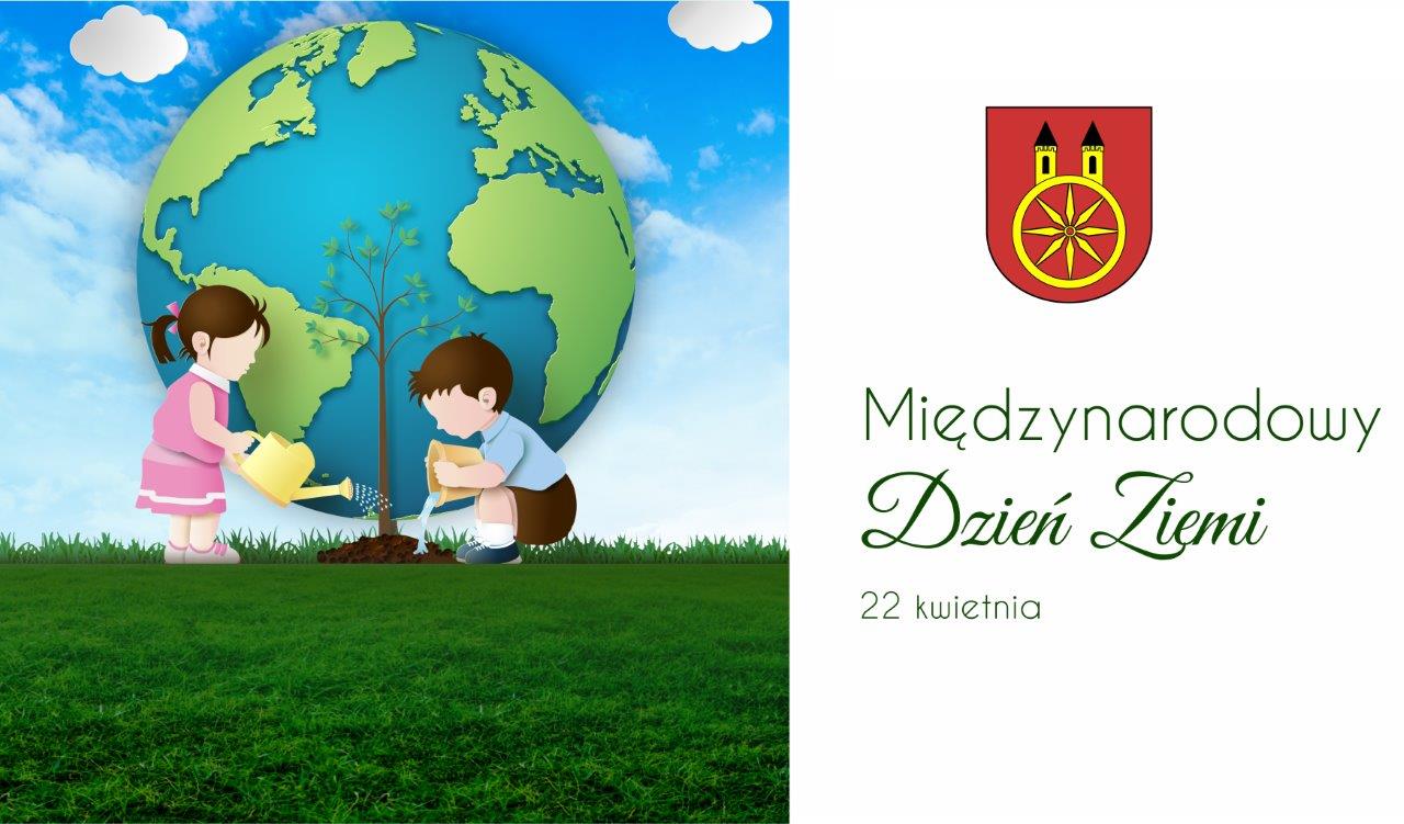 Plansza promująca Międzynarodowy Dzień Ziemi, który przypada 22 kwietnia. Na planszy z lewej strony widać postacie chłopca i dziewczynki, którzy sadzą drzewko podlewając je wodą.  W tle kula ziemska na tle jasnego nieba.