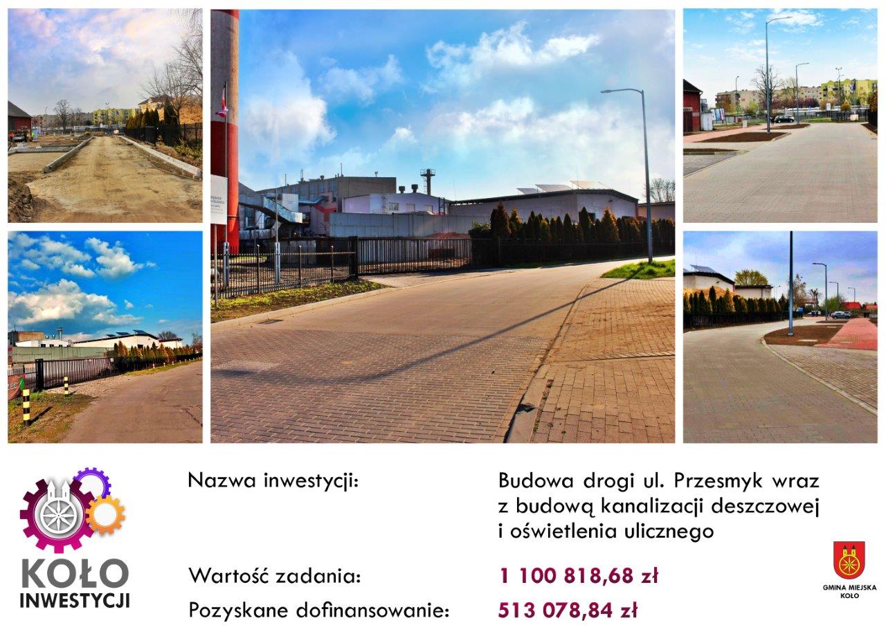 Kolaż zdjęć budowy drogi ul. Przesmyk wraz z budową kanalizacji deszczowej i oświetlenia ulicznego