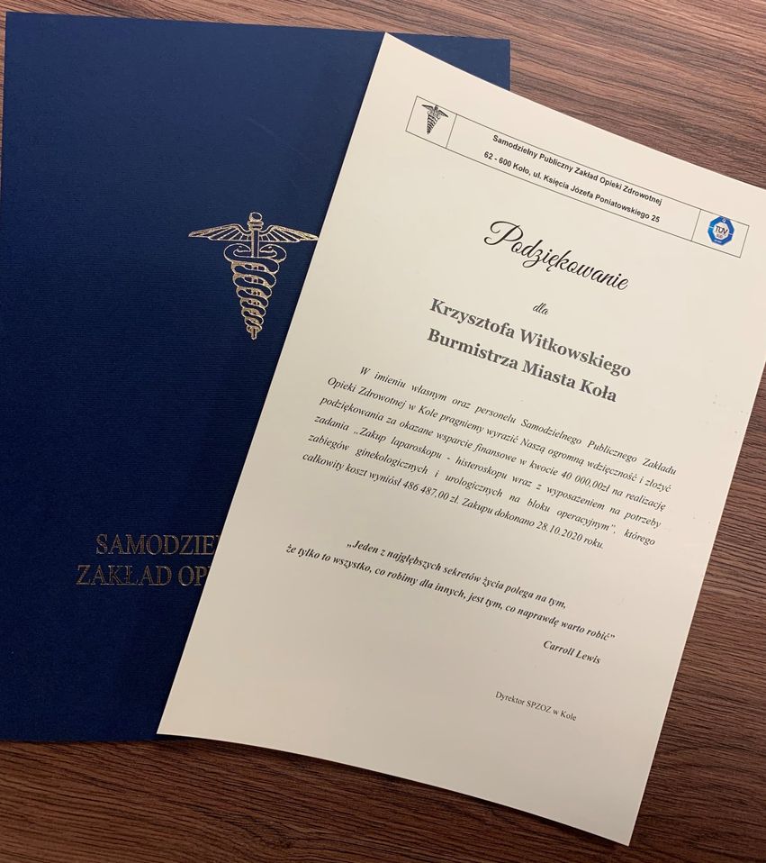 Zdjęcie przedstawia treść podziękowań dla Burmistrza Miasta Koła.
