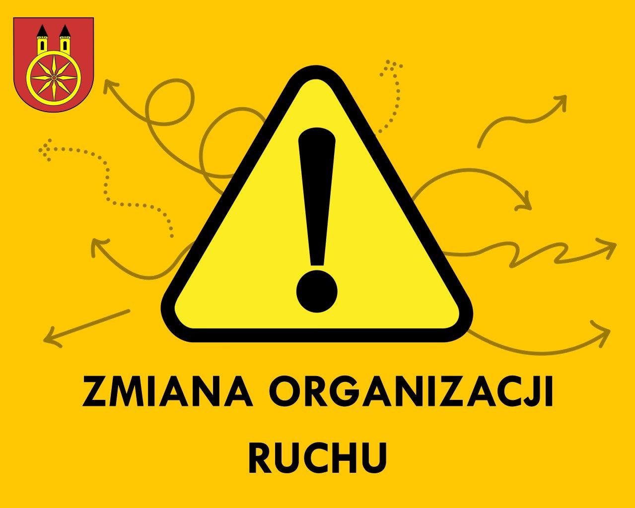 Na grafice widać żółty znak ostrzegawczy z wykrzyknikiem oraz napis Zmiana organizacji ruchu. W tle widoczne są zakręcone strzałki, a w lewym górnym rogu znajduje się herb miasta Koła.