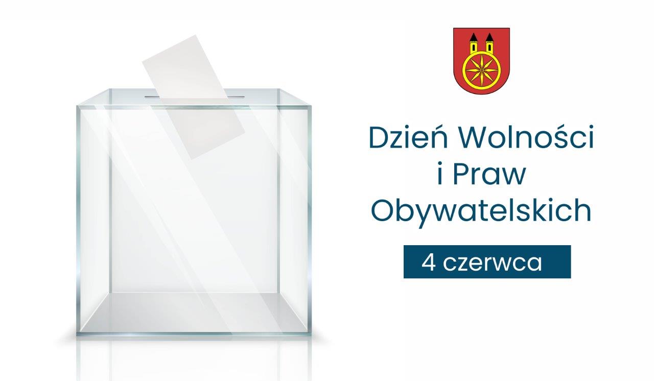 Plansza z napisem i herbem Koła, 4 czerwca Dzień Wolności i Praw Obywatelskich, z lewej strony urna