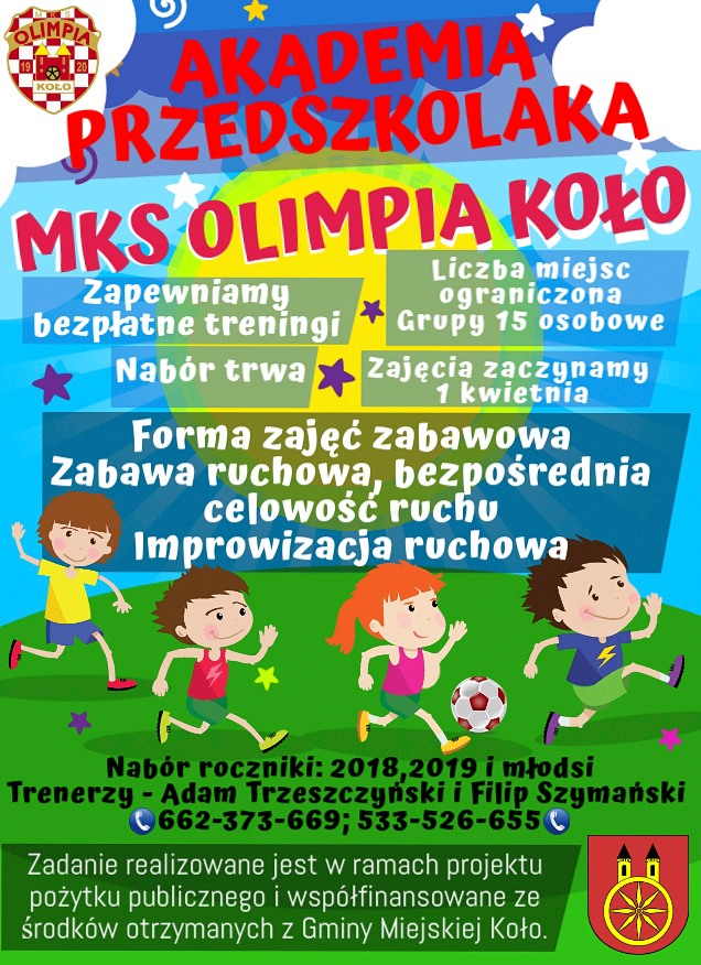 Plakat jest kolorowy, przedstawia radosne dzieci biegające po zielonej trawie z piłką. W tle znajduje się niebo z chmurami i gwiazdkami. W górnej części umieszczono herb klubu sportowego oraz miasta Koła. Plakat zachęca do aktywności fizycznej.