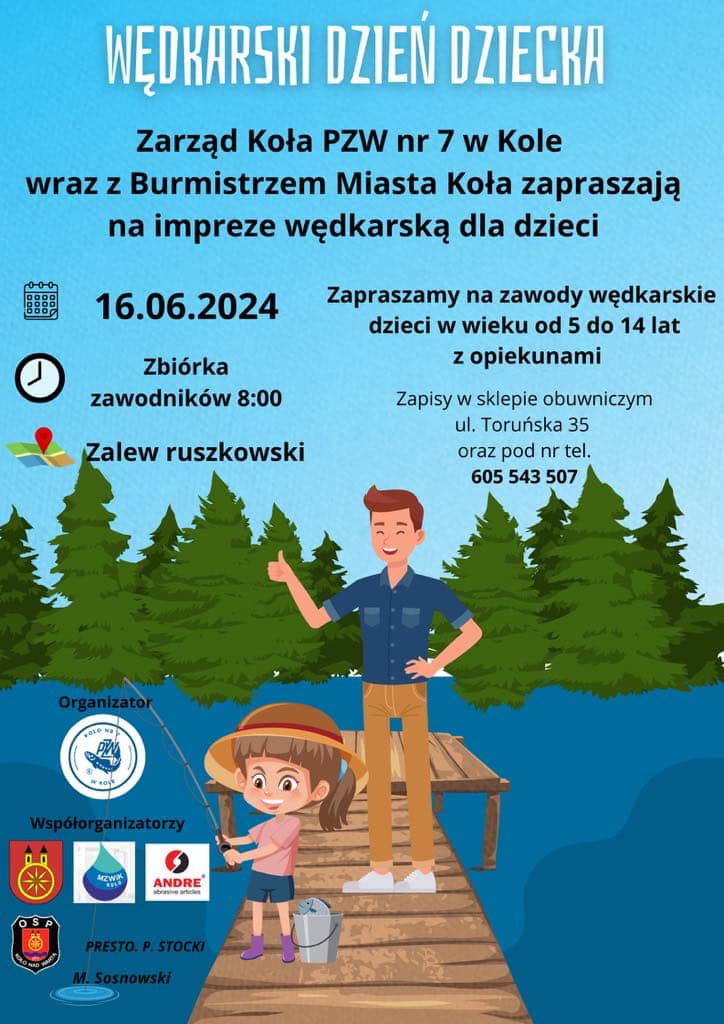 Plakat Wędkarski Dzień Dziecka, na pomoście dziewczynka z wędką, z tyłu stoi mężczyzna