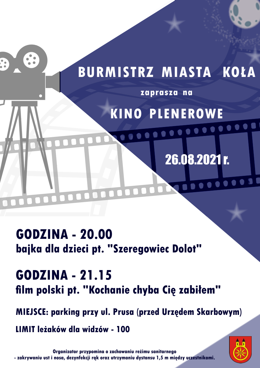 Plakat KINO PLENEROWE, tekst pod plakatem.