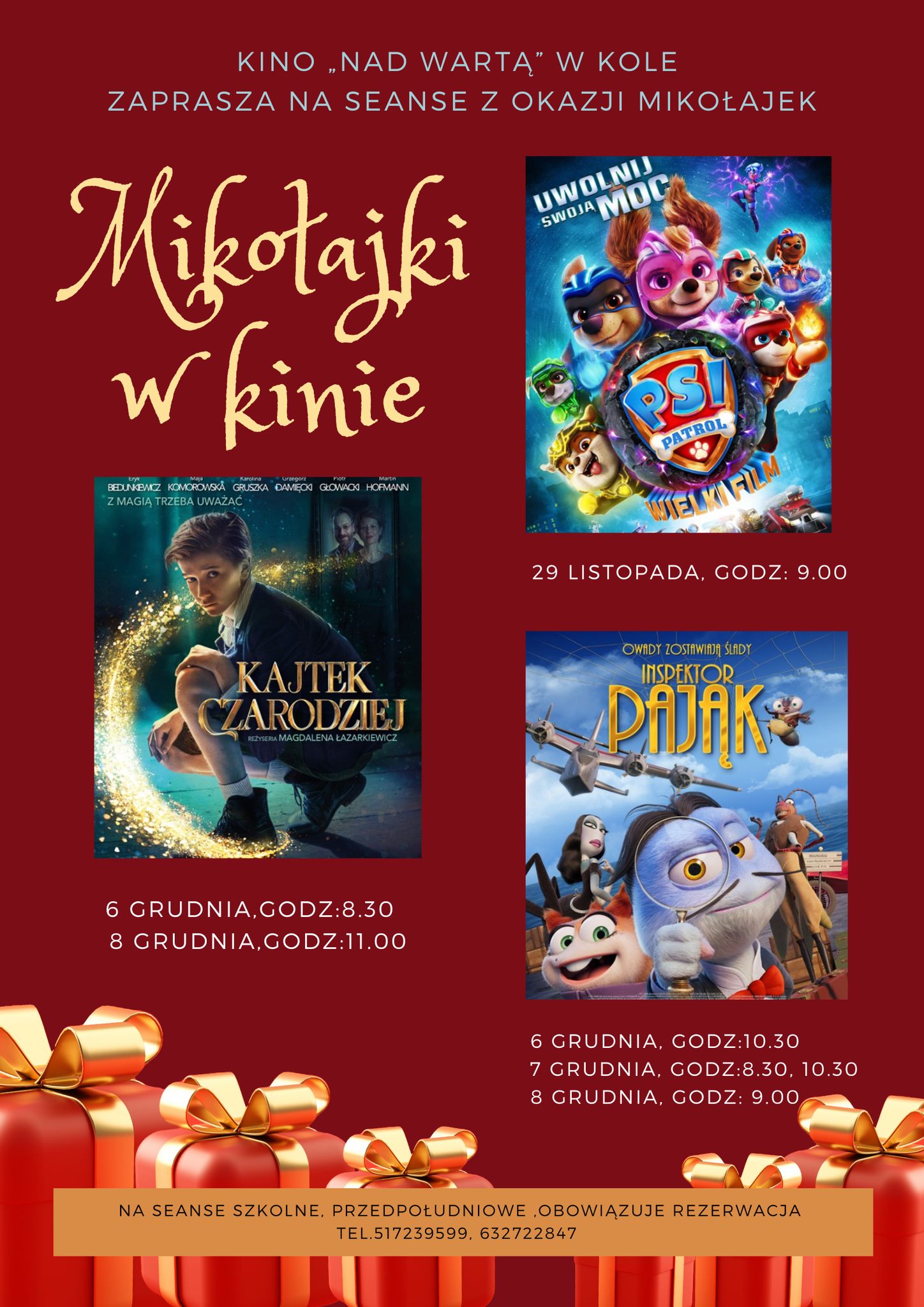 Plakat, Kino „Nad Wartą” w Kole zaprasza na seanse z okazji Mikołajek