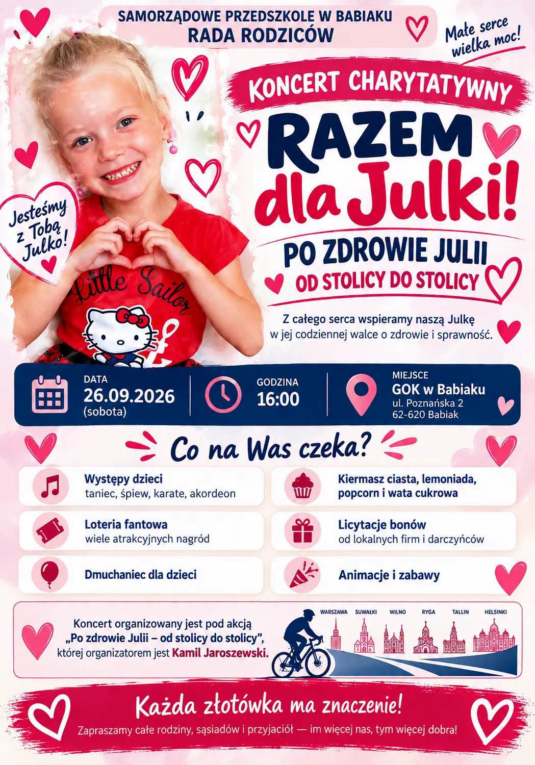 Różowo-granatowy plakat ze zdjęciem uśmiechniętej dziewczynki układającej dłonie w serce. Koncert charytatywny Razem dla Julki, 26.09.2026, godz. 16:00, GOK w Babiaku. W programie występy dzieci, loteria, kiermasz, animacje.