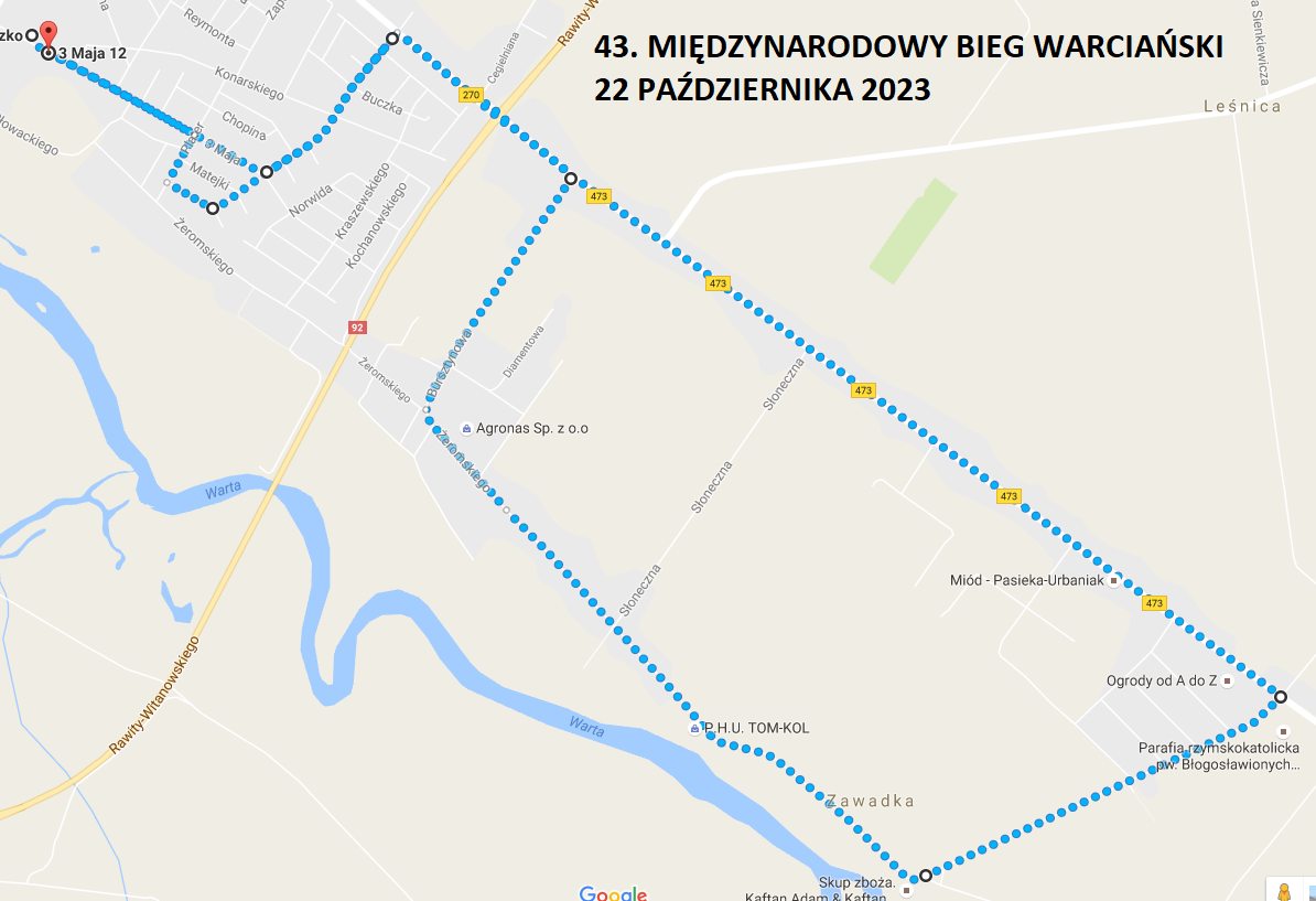 Mapa z wyznaczoną trasą 43. MIĘDZYNARODOWEGO BIEGU WARCIAŃSKIEGO W KOLE