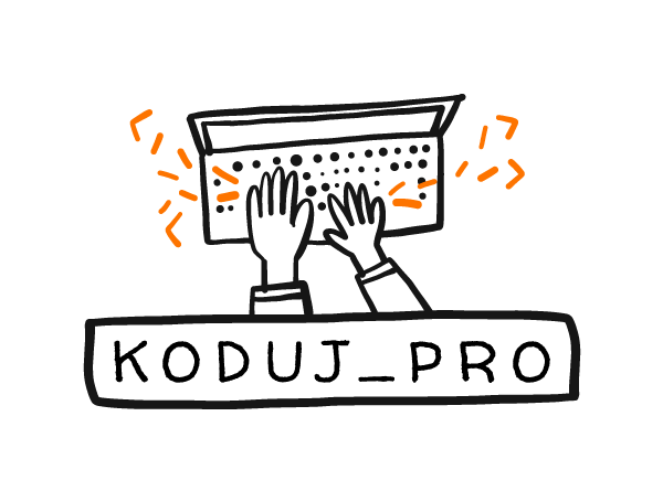 Rysunek, dłonie stukające w klawiaturę z napisem koduj pro