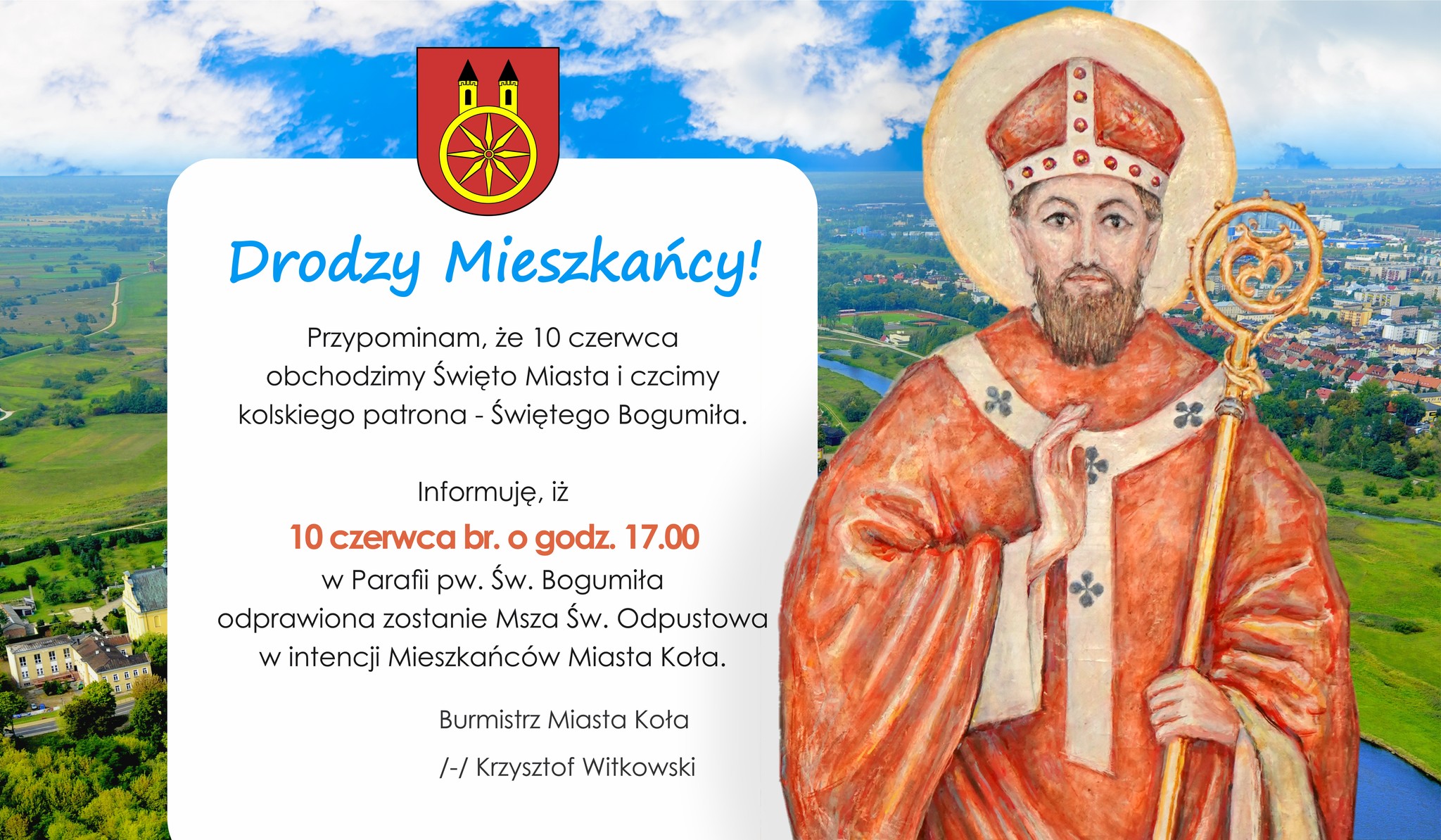 Plansza, Święty Bogumił z prawej strony, w tle panorama miasta Koła, z lewej strony tekst informacyjny.