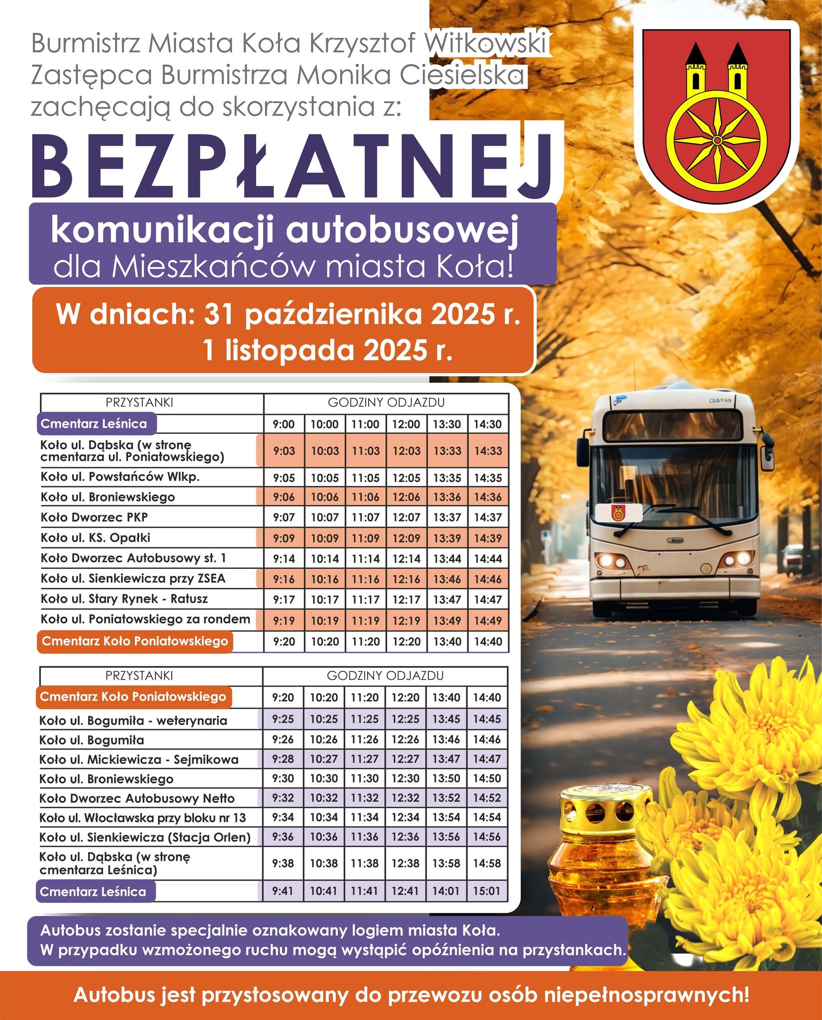 Plakat informuje o bezpłatnej komunikacji autobusowej w Kole w dniach 31 października i 1 listopada 2025 r., zawiera rozkład jazdy oraz zdjęcie autobusu na tle jesiennej alei.