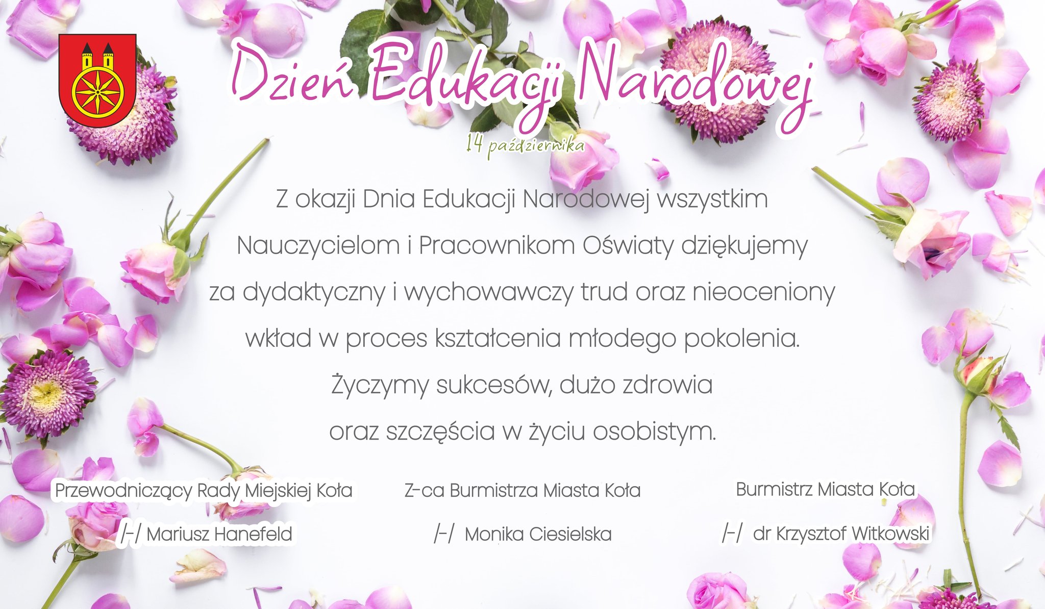 Plansza z życzeniami dla Nauczycieli i Pracowników Oświaty z okazji Dnia Edukacji Narodowej, tekst pod planszą.