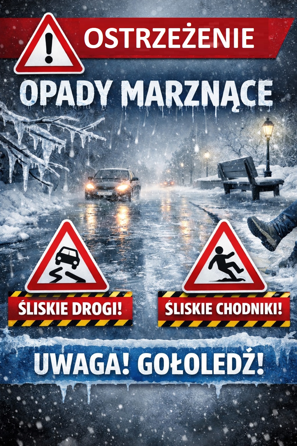 Na grafice widać ostrzeżenie przed opadami marznącymi i gołoledzią. Przedstawiono zimową, oblodzoną ulicę z jadącym samochodem, śliską nawierzchnię oraz znaki ostrzegawcze informujące o śliskich drogach i chodnikach.