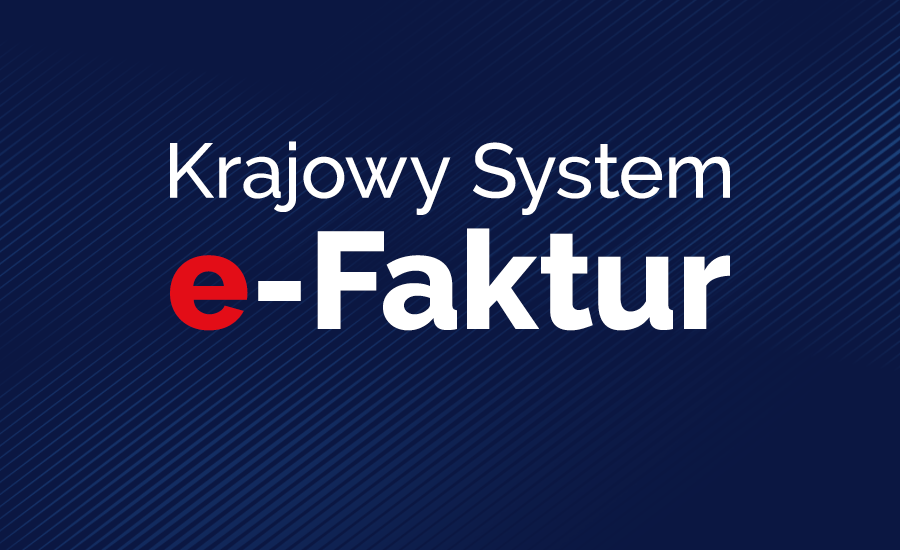 Na granatowym tle widnieje napis „Krajowy system e-faktur”, w którym podkreślona i wyróżniona na czerwono litera „e” przyciąga uwagę, akcentując elektroniczny charakter systemu.