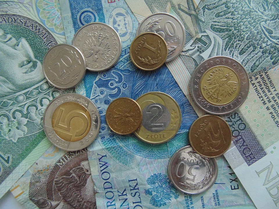 Zdjęcie polskich banknotów i bilonów złotowych.