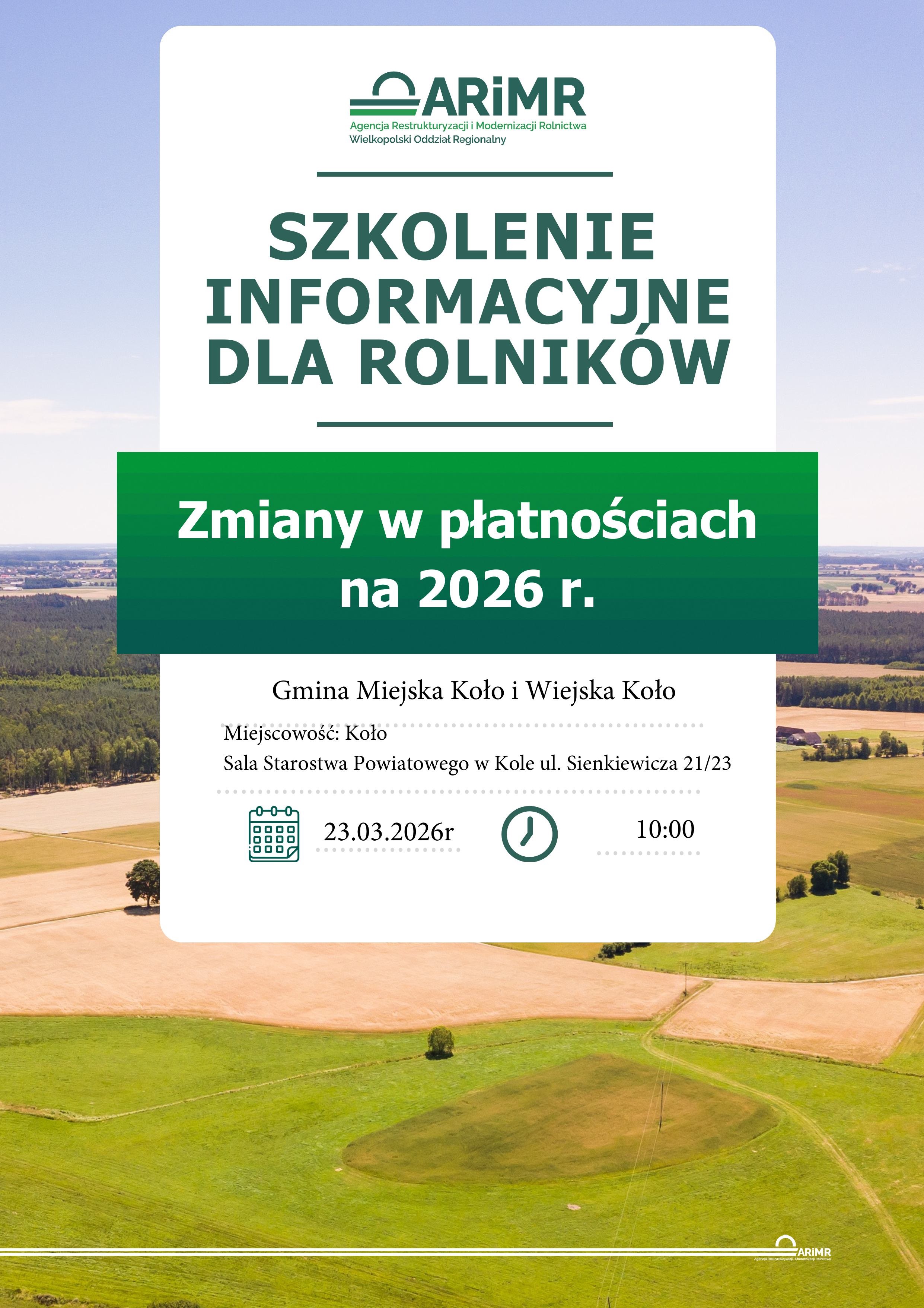 Plakat informujący o szkoleniu dla rolników przedstawia zdjęcie z lotu ptaka pól uprawnych z widocznym lasem i dalekim horyzontem, na którym w centrum wyraźnie umieszczono informacje o szkoleniu.