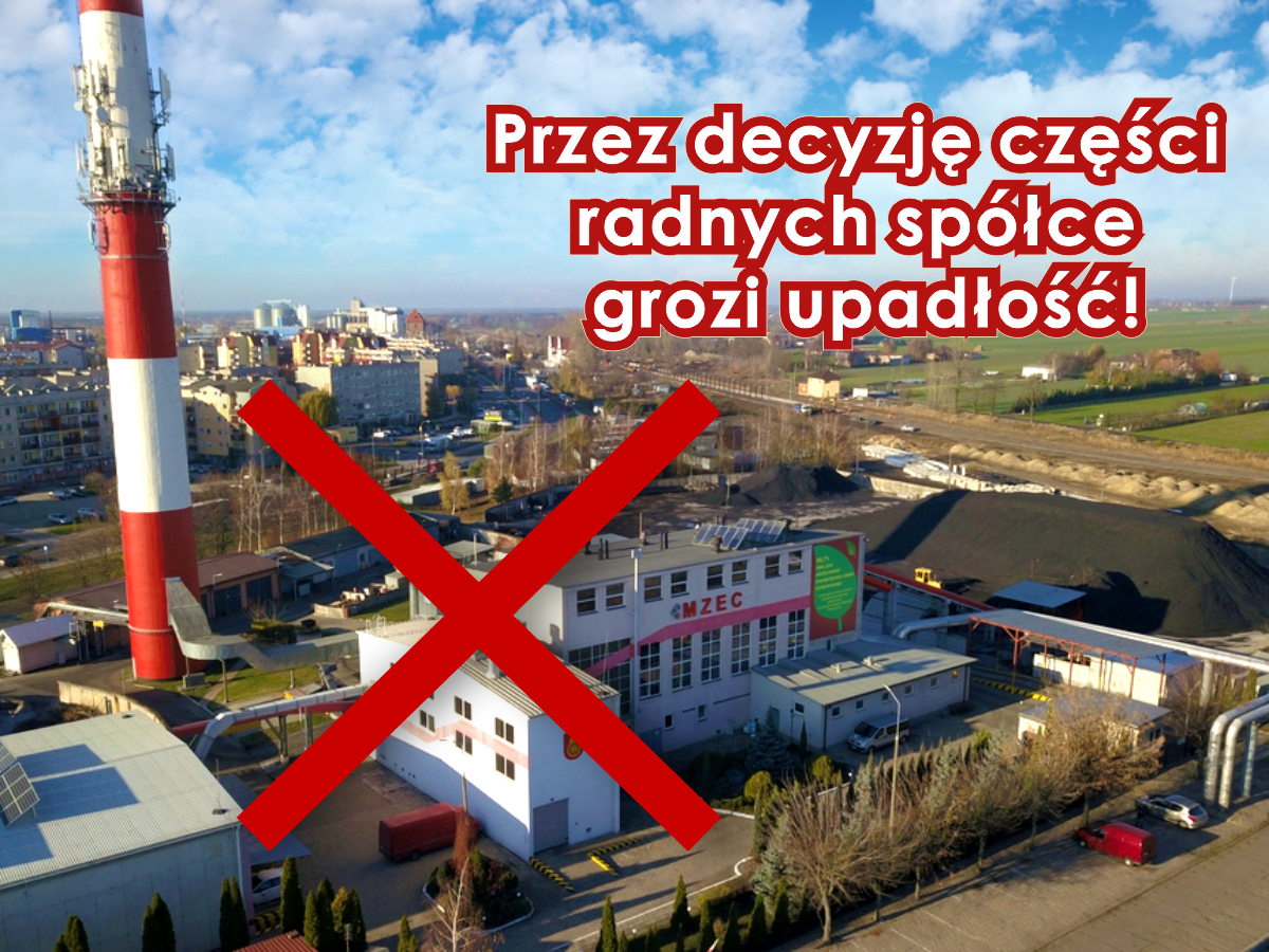 MZEC sp. z o.o. z lotu ptaka z napisem przez decyzję części radnych spółce grozi upadłość