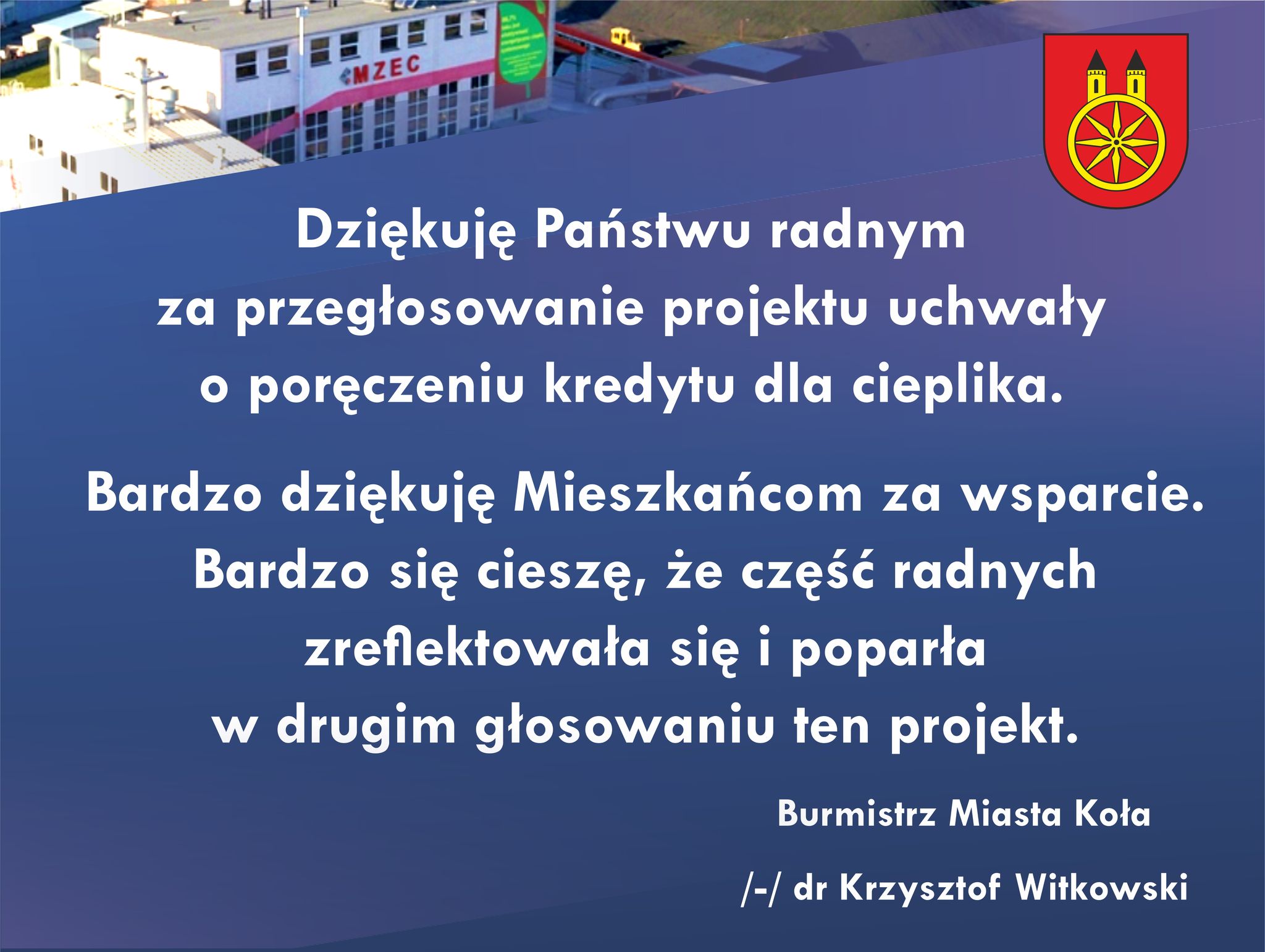 Plansza Podziękowania Burmistrza Miasta Koła, tekst pod planszą