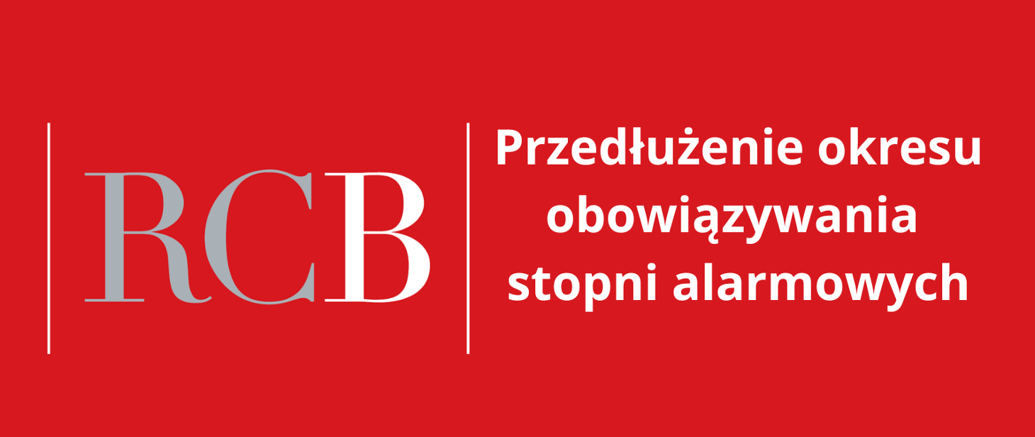 Infografika z napisem RCB Przedłużenie okresu obowiązywania stopni alarmowych do 31 sierpnia 2025 r.
