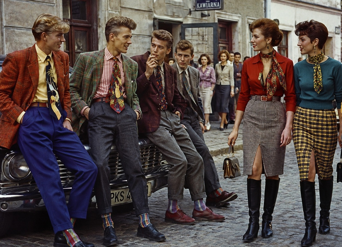 Grupa młodych ludzi w stylu retro lat 50. na brukowanej ulicy. Czterech mężczyzn opiera się o zabytkowy samochód w marynarkach w kratę i krawatach. Dwie kobiety w spódnicach i swetrach stoją obok. W tle szyld KAWIARNA.