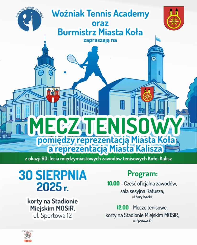 Plakat zapowiada mecz tenisowy między reprezentacjami Miasta Koła i Miasta Kalisza. Na plakacie widać:  Ilustracje dwóch ratuszy – po lewej Ratusz w Kaliszu, po prawej Ratusz w Kole – każdy z herbem miast. Pośrodku sylwetka tenisisty.
