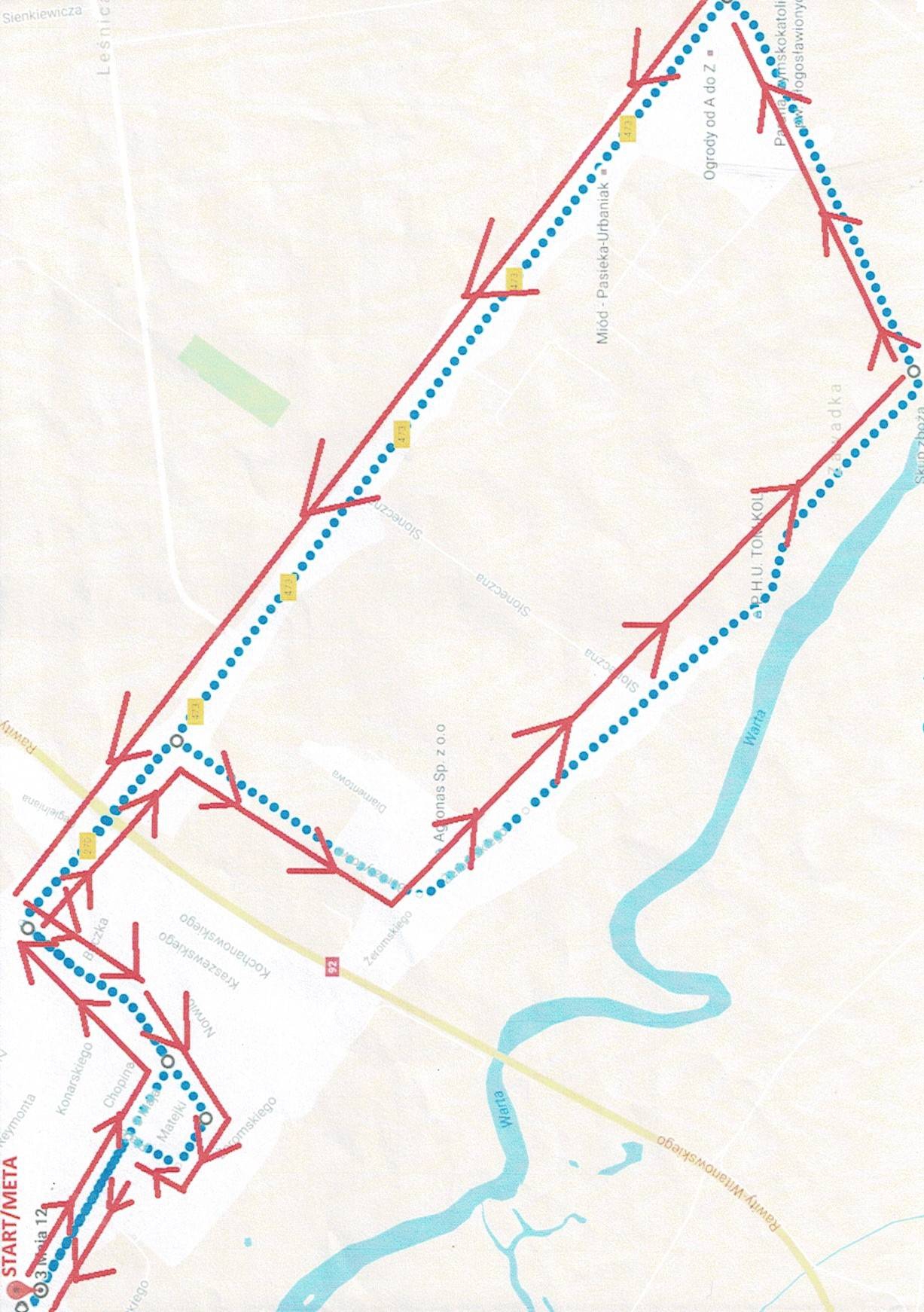 Grafika przedstawia mapę z wyznaczoną trasą 44. MIĘDZYNARODOWEGO BIEGU WARCIAŃSKIEGO W KOLE