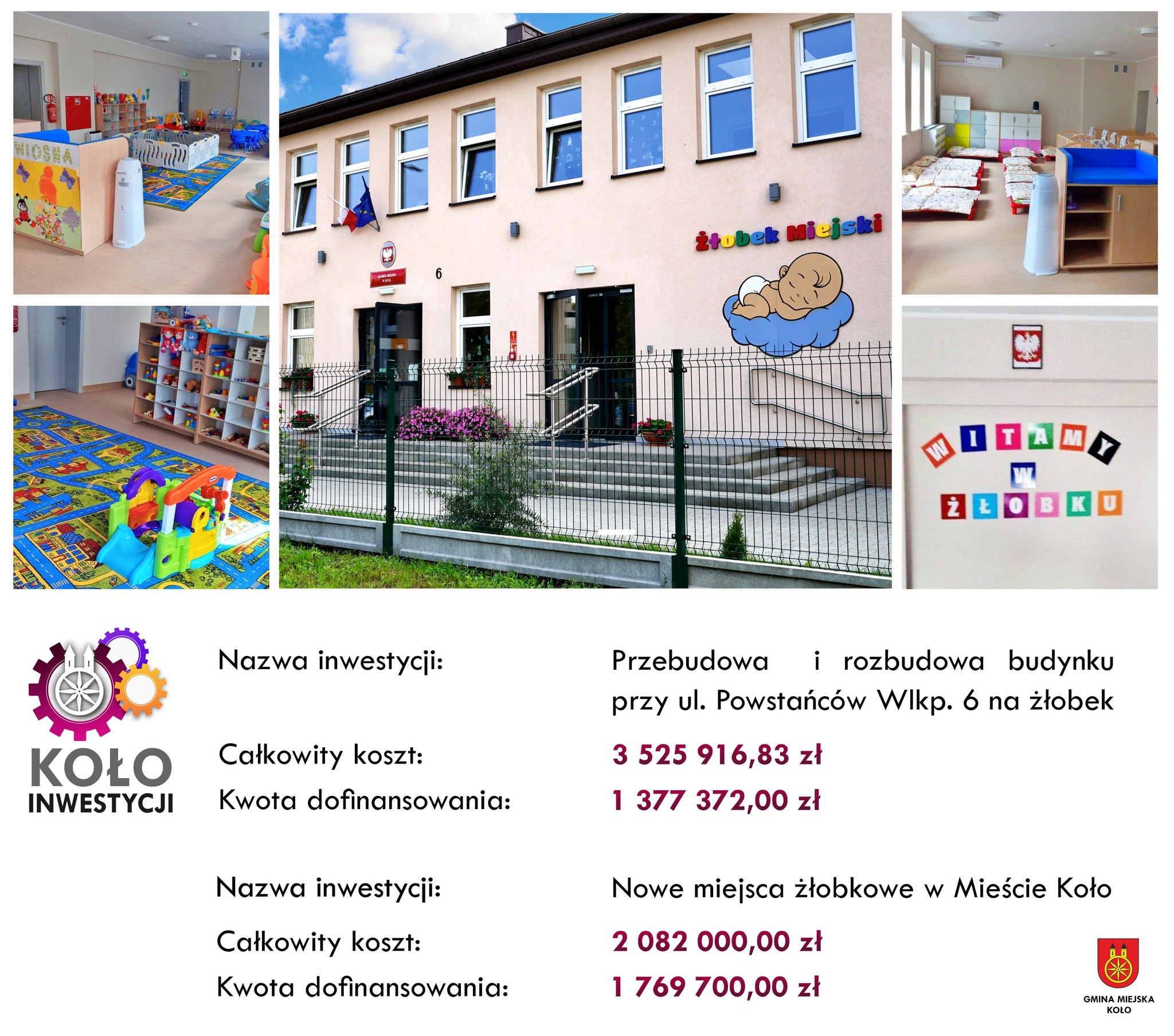 Kolaż zdjęć żłobka miejskiego w Kole