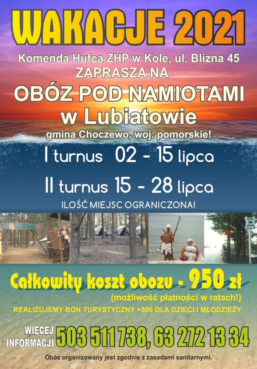Plakat informujący o wakacjach pod namiotami w Lubiatowie.
