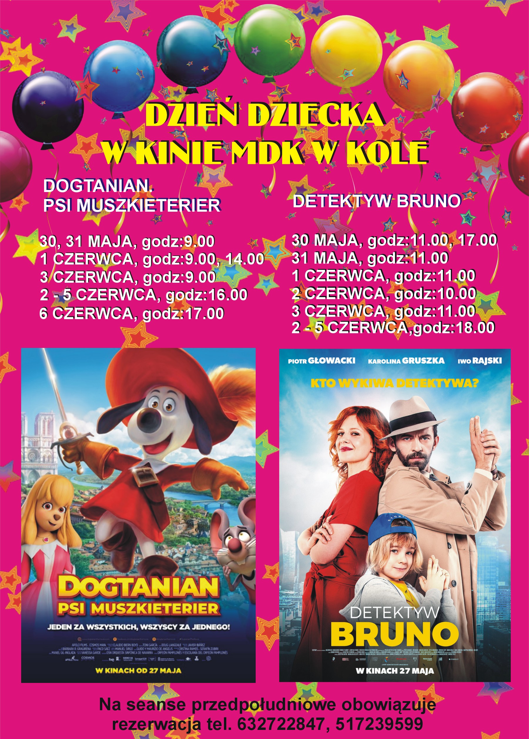 Plakat Dzień Dziecka w kinie MDK w Kole, tekst pod plakatem.