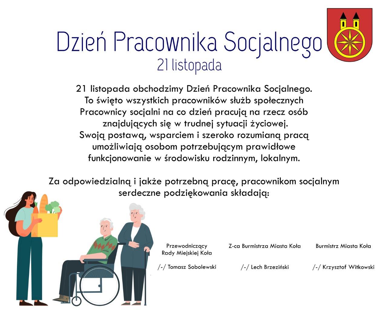 Plansza 21 listopada Dzień Pracownika Socjalnego, tekst pod planszą.