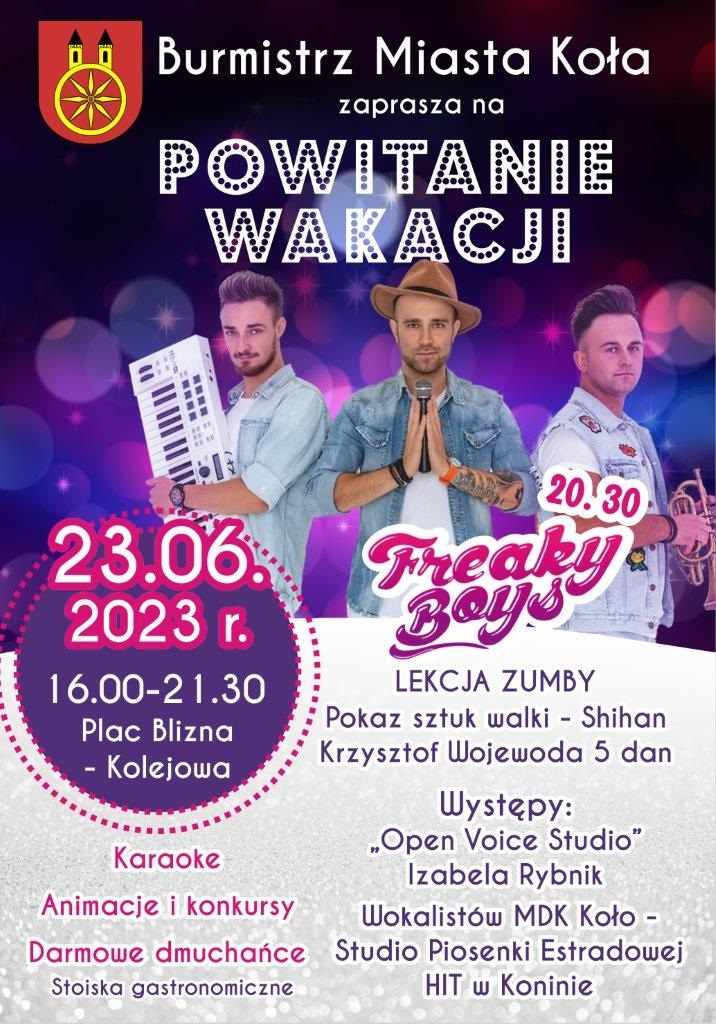Plakat muzyczne powitanie wakacji w Kole, tekst pod plakatem