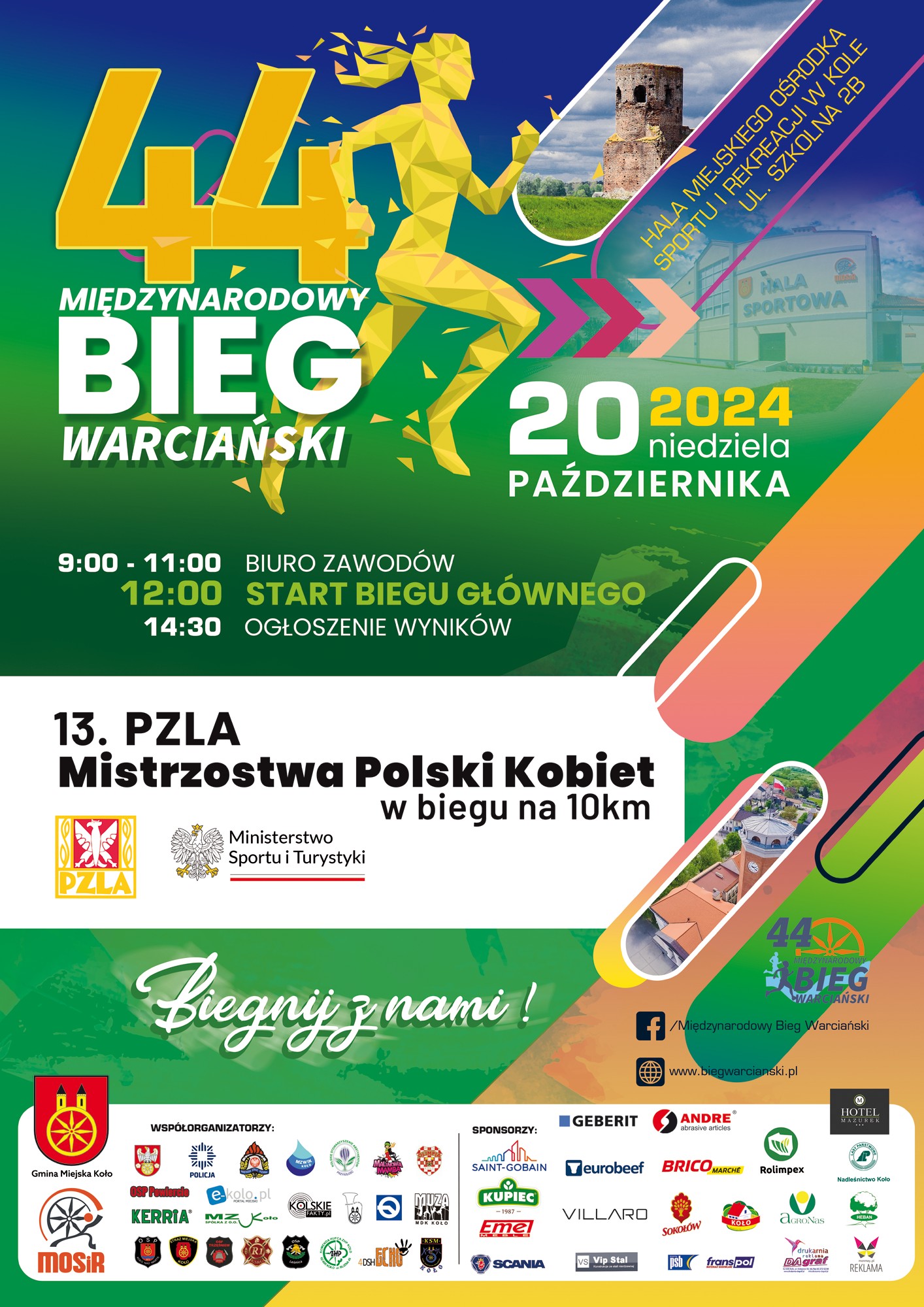 Plakat promujący 44. Międzynarodowy Bieg Warciański. Centralnym składnikiem plakatu jest dynamiczna sylwetka biegacza w żywych kolorach, a w tle ruiny zamku w Kole, zdjęcie hali sportowej i miejskiego ratusza. Na dole plakatu znajdują się loga organi