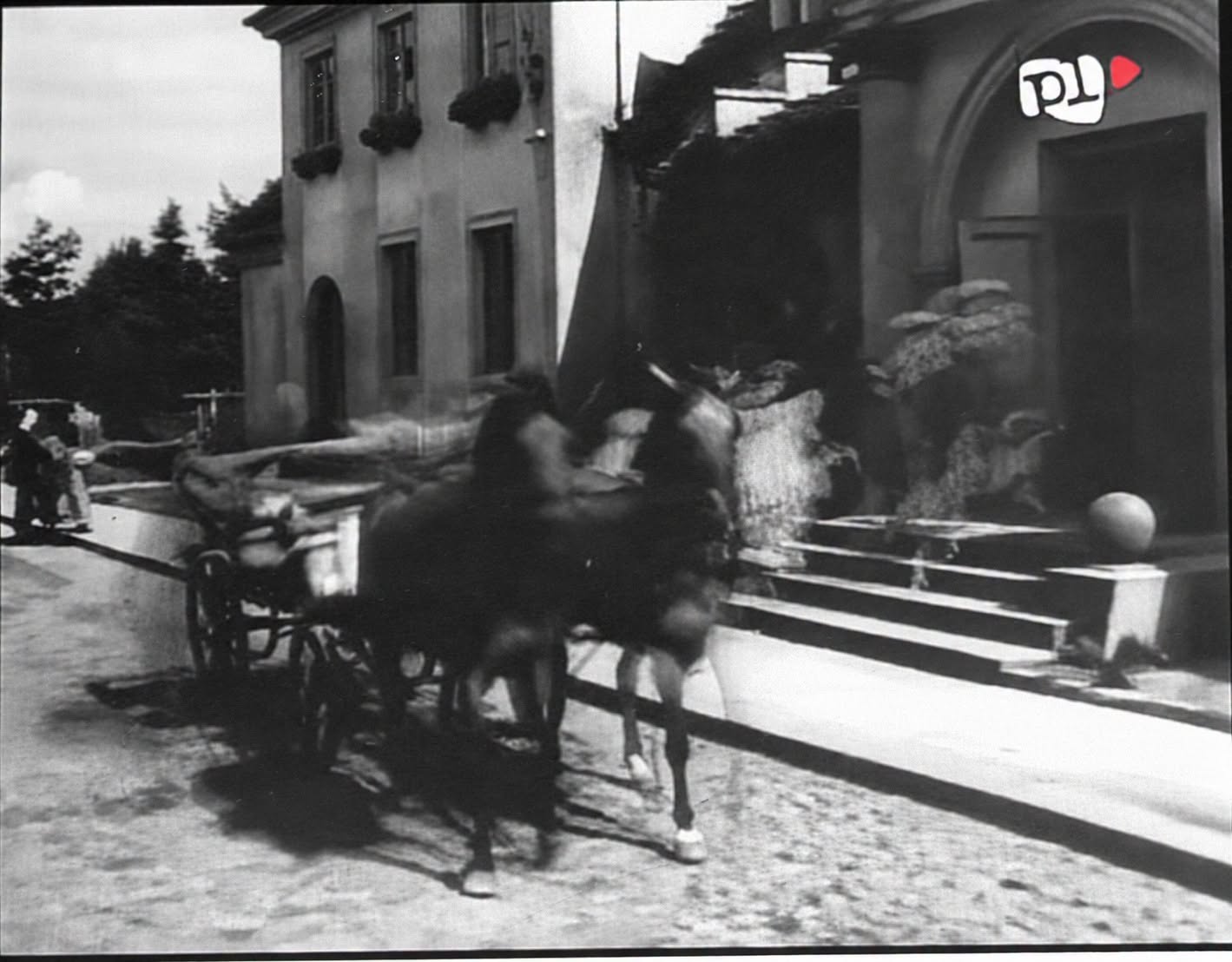 Czarno-biała fotografia, kadr filmowy z logo Kino Polska. Dwa konie z wozem galopują przed budynkiem z łukowym wejściem i schodami.