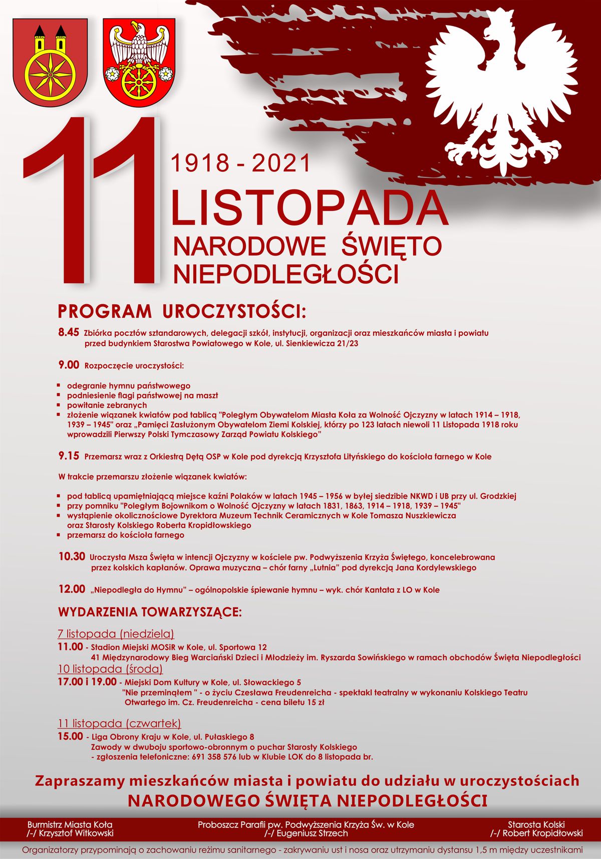 Plakat z Programem obchodów Narodowego Święta Niepodległości w Kole, tekst pod plakatem.