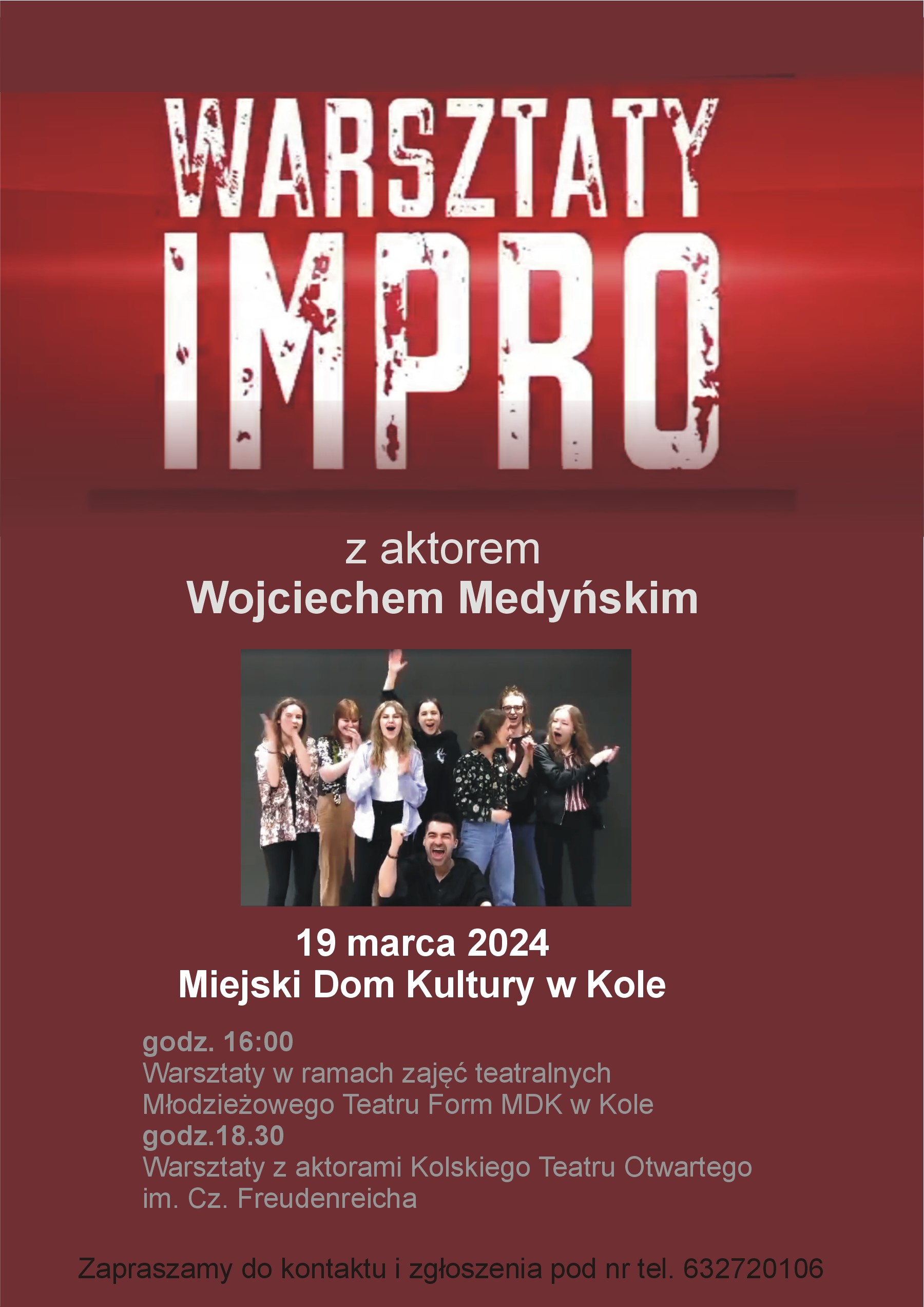 Plakat MDK w Kole zaprasza na warsztaty teatralne