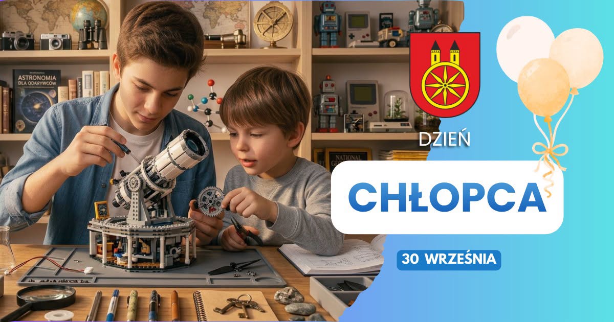 Grafika Dzień Chłopca, 30 września: nastolatek i młodszy chłopiec składają z klocków model teleskopu. W rogu herb Koła, z prawej balony.