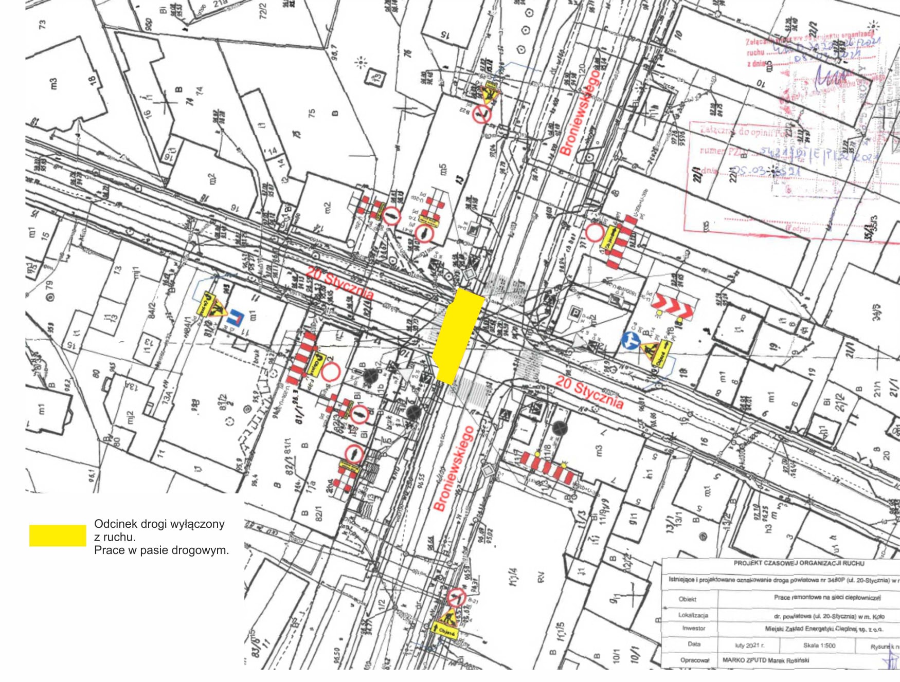 Mapka czasowej zmiany organizacji ruchu przy ulicy Broniewskiego w Kole