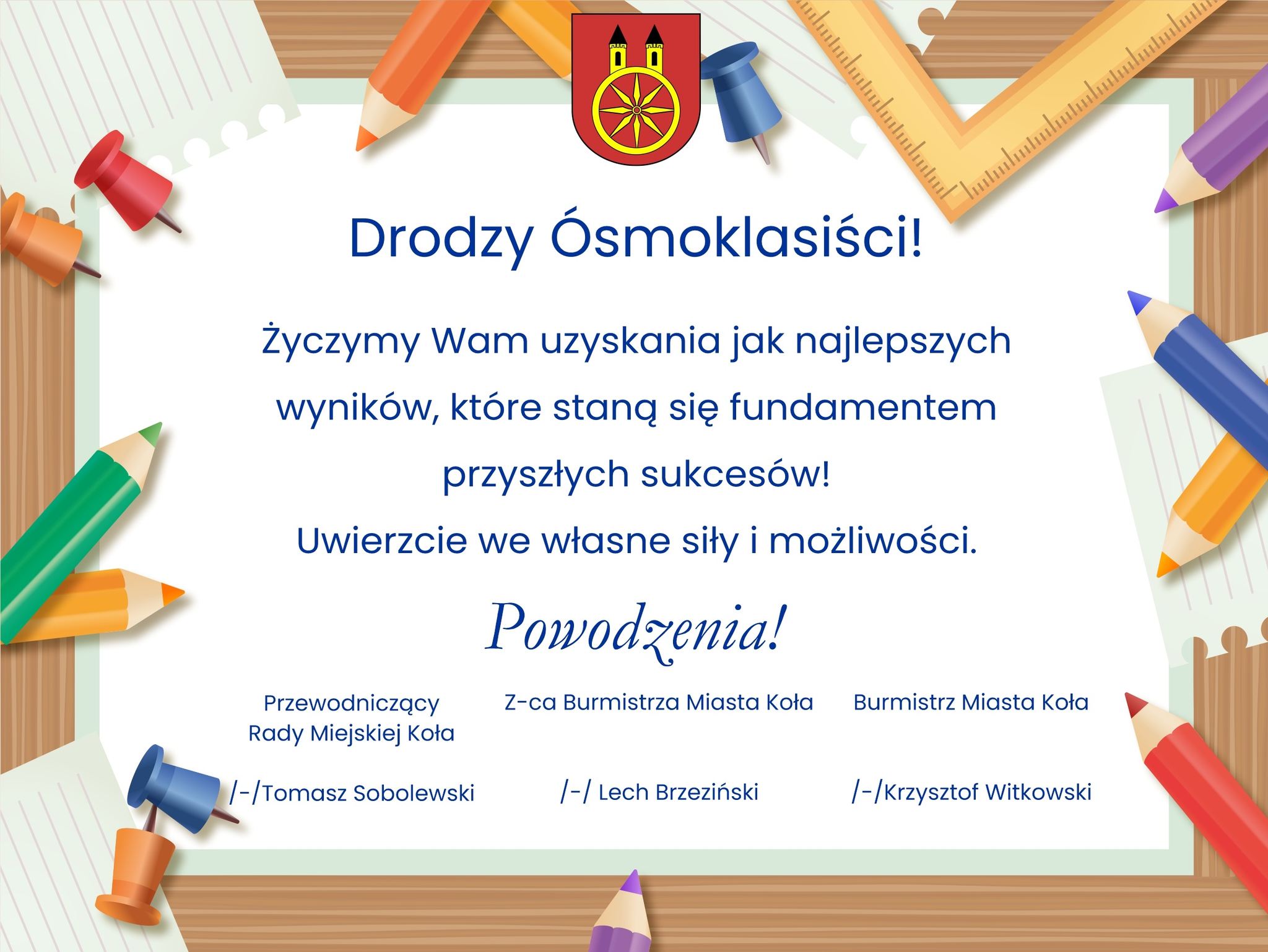 Plansza z życzeniami dla ósmoklasistów, tekst życzeń pod planszą