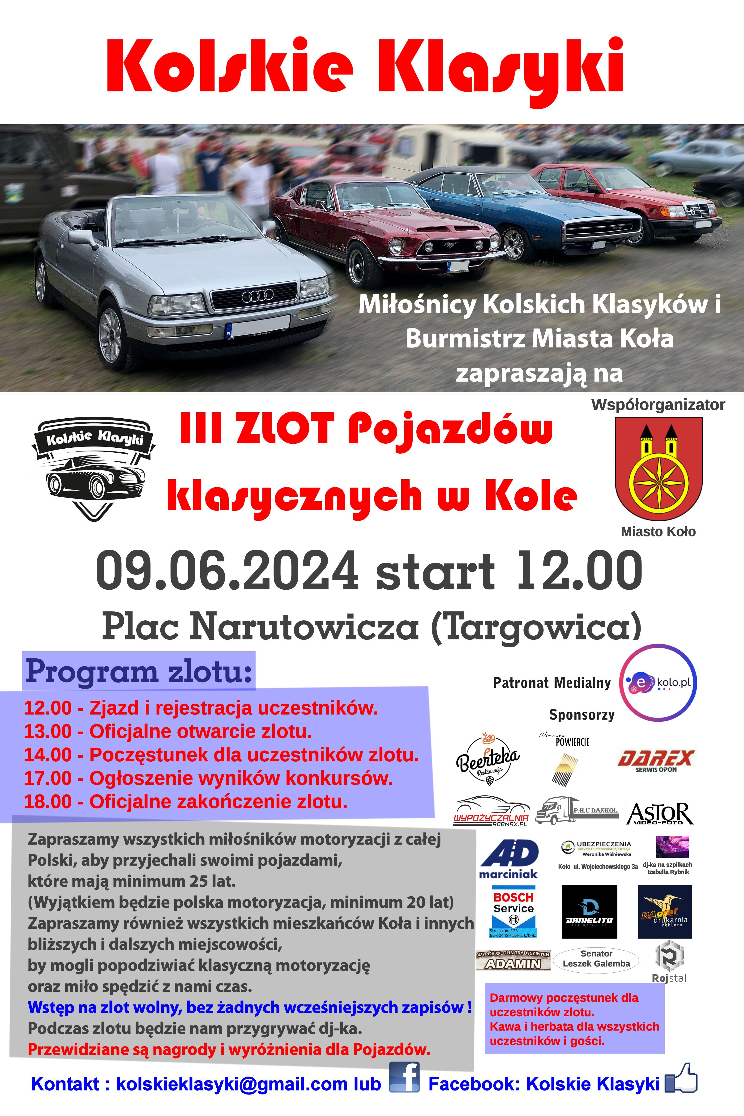 Plakat III Zlot Pojazdów klasycznych w Kole, u góry zdjęcie starych klasycznych pojazdów