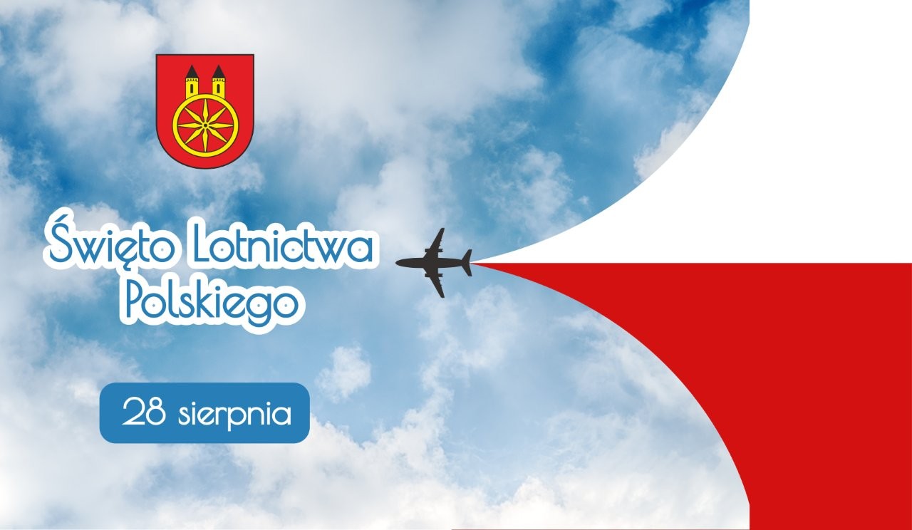 Na grafice widać samolot lecący na tle nieba, za którym ciągnie się smuga w barwach flagi Polski. Po lewej stronie napis Święto Lotnictwa Polskiego i data 28 sierpnia, a u góry herb Koła.
