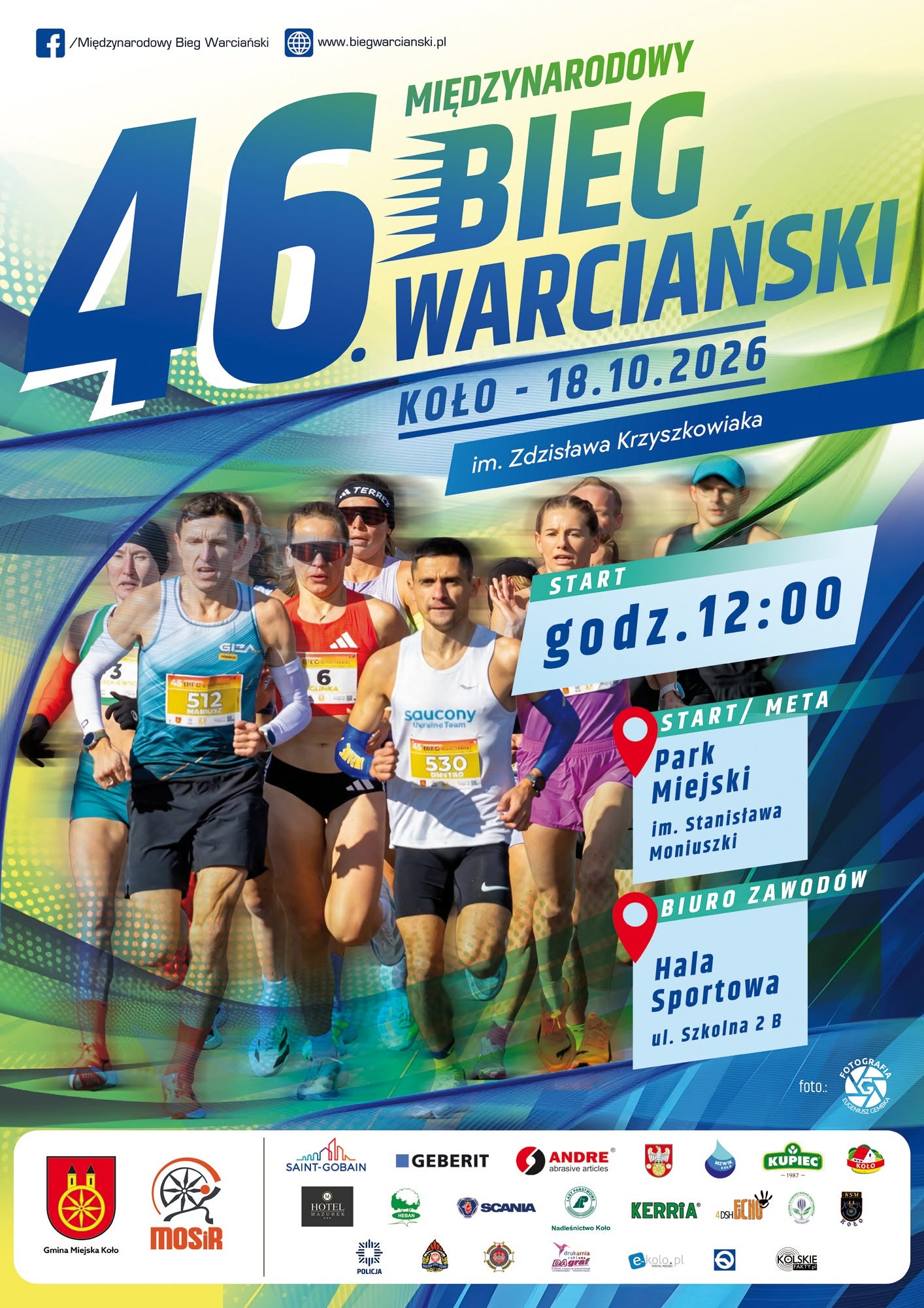 Plakat 46. Międzynarodowego Biegu Warciańskiego w Kole, 18.10.2026, start o 12:00 w Parku Miejskim, biuro w Hali Sportowej przy ul. Szkolnej 2 B. Biegacze w tle, na dole loga sponsorów. 