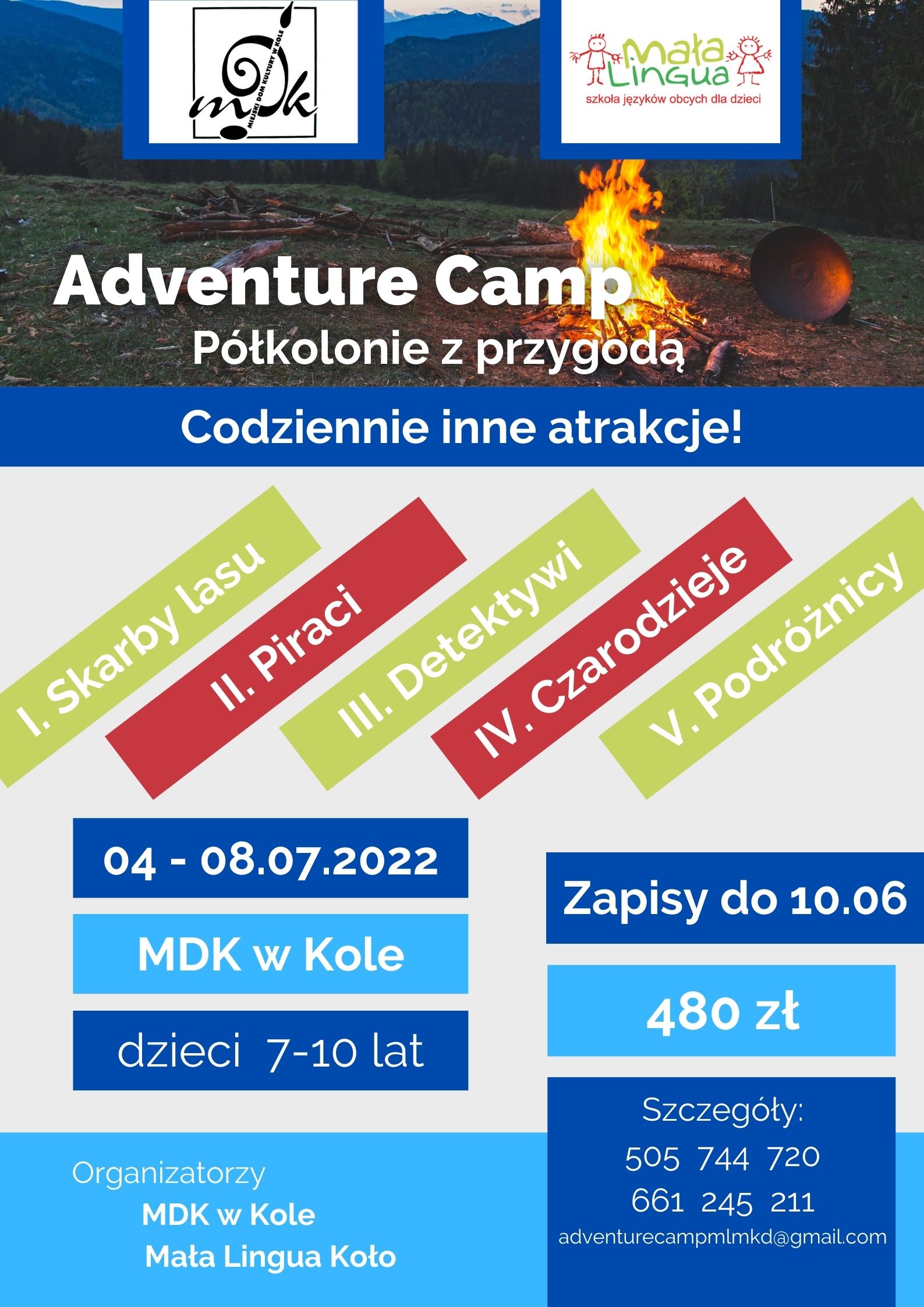 Plakat Adventure Camp Półkolonie z przygodą!, tekst pod plakatem.