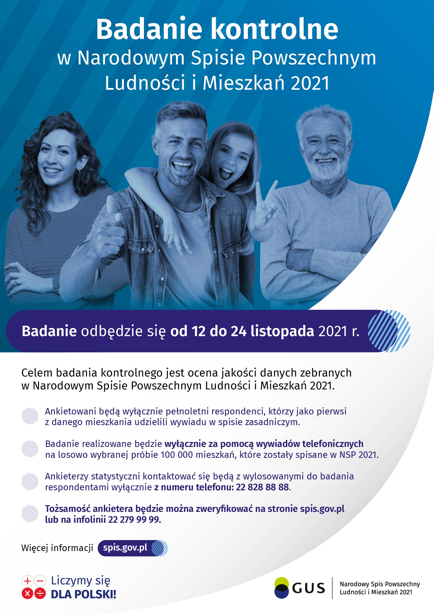 Plakat informujący o Badaniu kontrolnym w NSP 2021 (12-24 listopada 2021), tekst poniżej w artykule.