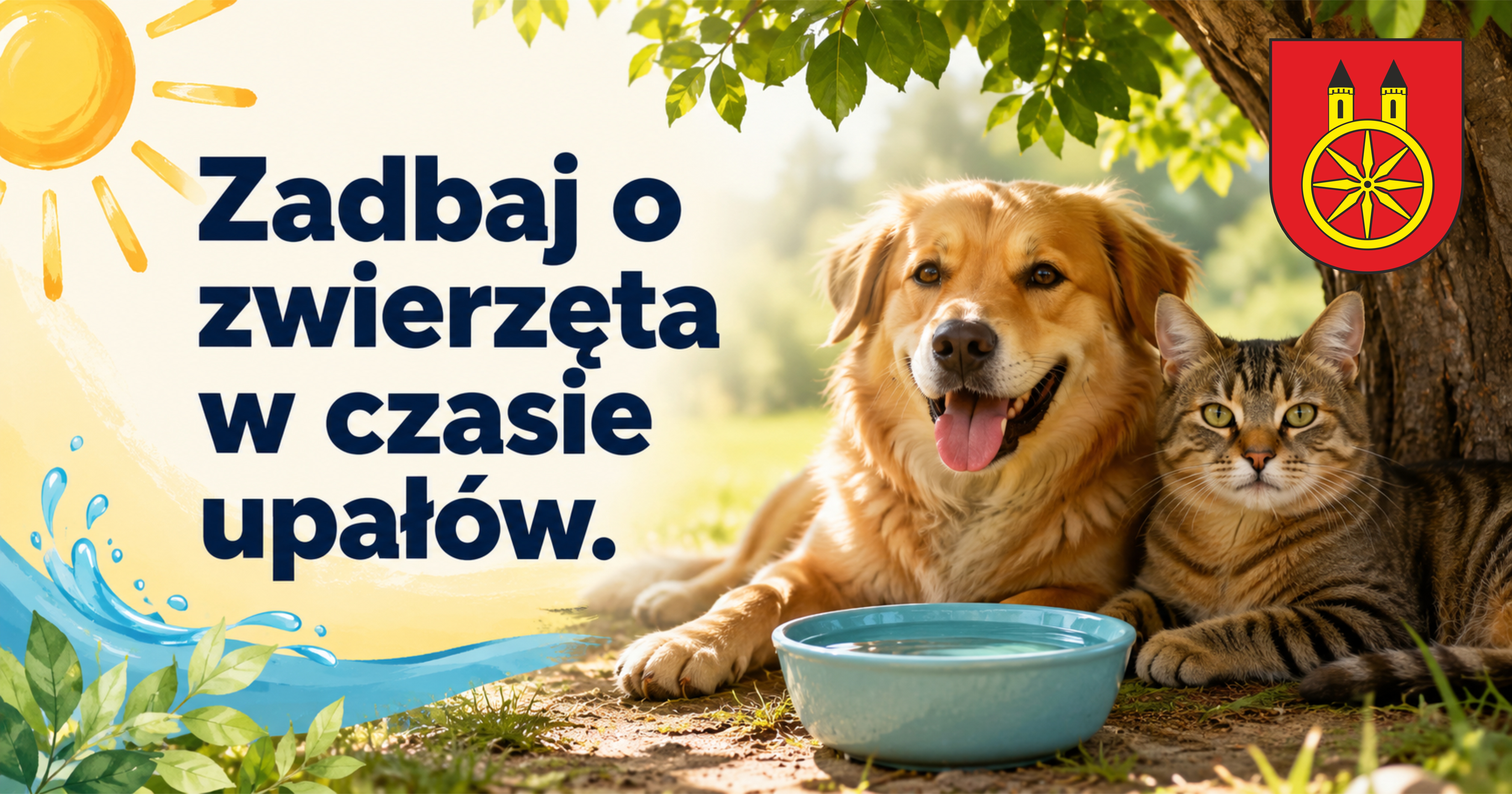 Grafika informacyjna Urzędu Miejskiego w Kole z napisem Zadbaj o zwierzęta w czasie upałów. Na zdjęciu pies i kot odpoczywają w cieniu drzewa przy misce z wodą. W tle słońce i zieleń.