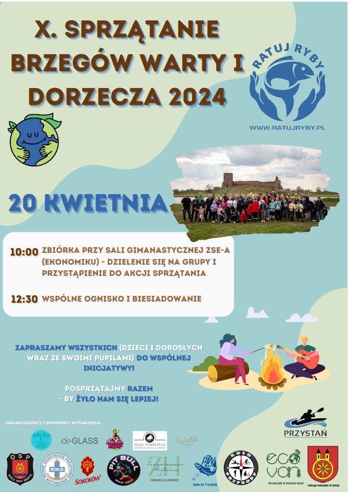 Plakat akcji IX SPRZĄTANIE BRZEGÓW WARTY I DORZECZA 2024, tekst pod plakatem